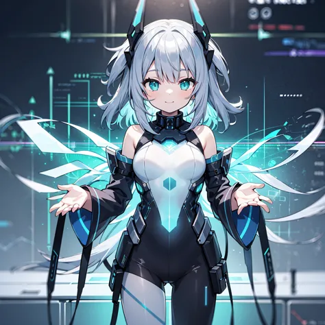 (masterpiece),  (science fiction,  holographic interface:1.2),  1girl,  smile,  silver hair,  medium hair,  aqua eyes,  headgear...