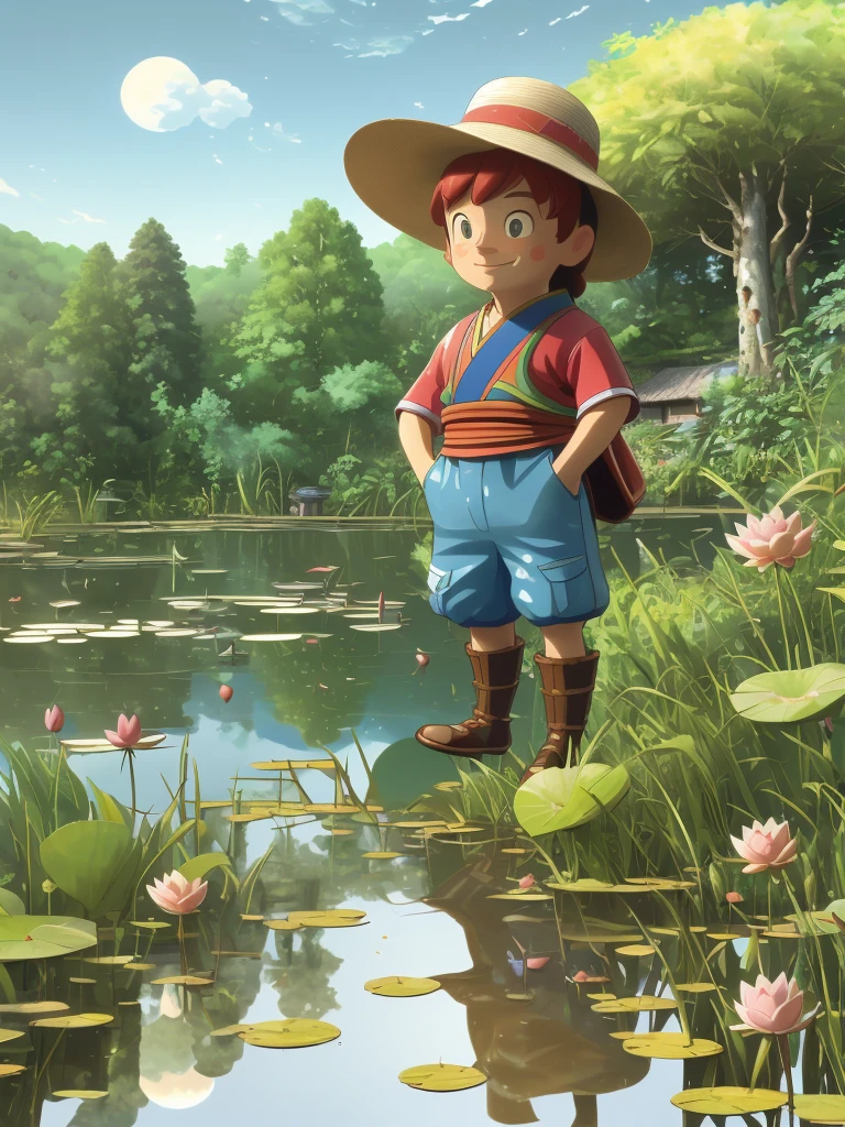 Very realistic 3D rendering scene. The subject is a red panda, Wearing a sun hat，Wearing peasant clothes, Canoeing in the lotus pond, There are plants. Transparent grass in the foreground, Blue sky and white clouds as background, Trees, Pixel, intellectual property, Blind Box, Clay material, Pastel, Studio Lighting. Frontal lobe, Octane Rendering, mixer, Super quality, Ultra HD, 8k, Vivid brushstrokes, Ultra HD, 8k, Vivid brushstrokes, 8k --s 50 --iw 1 --ar 9:16 --q2