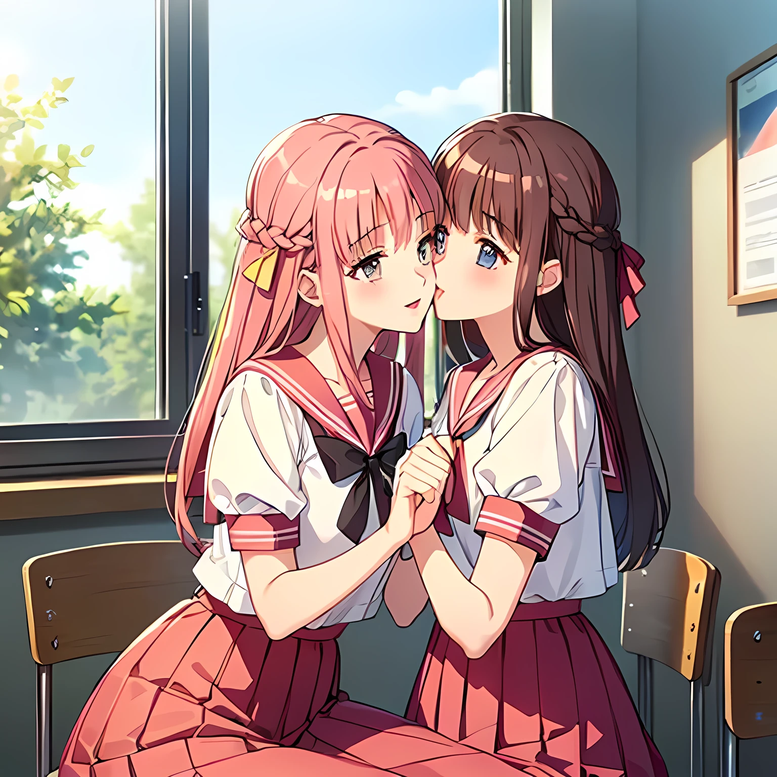 Imagem de anime de duas meninas se beijando em uma sala de aula - SeaArt AI