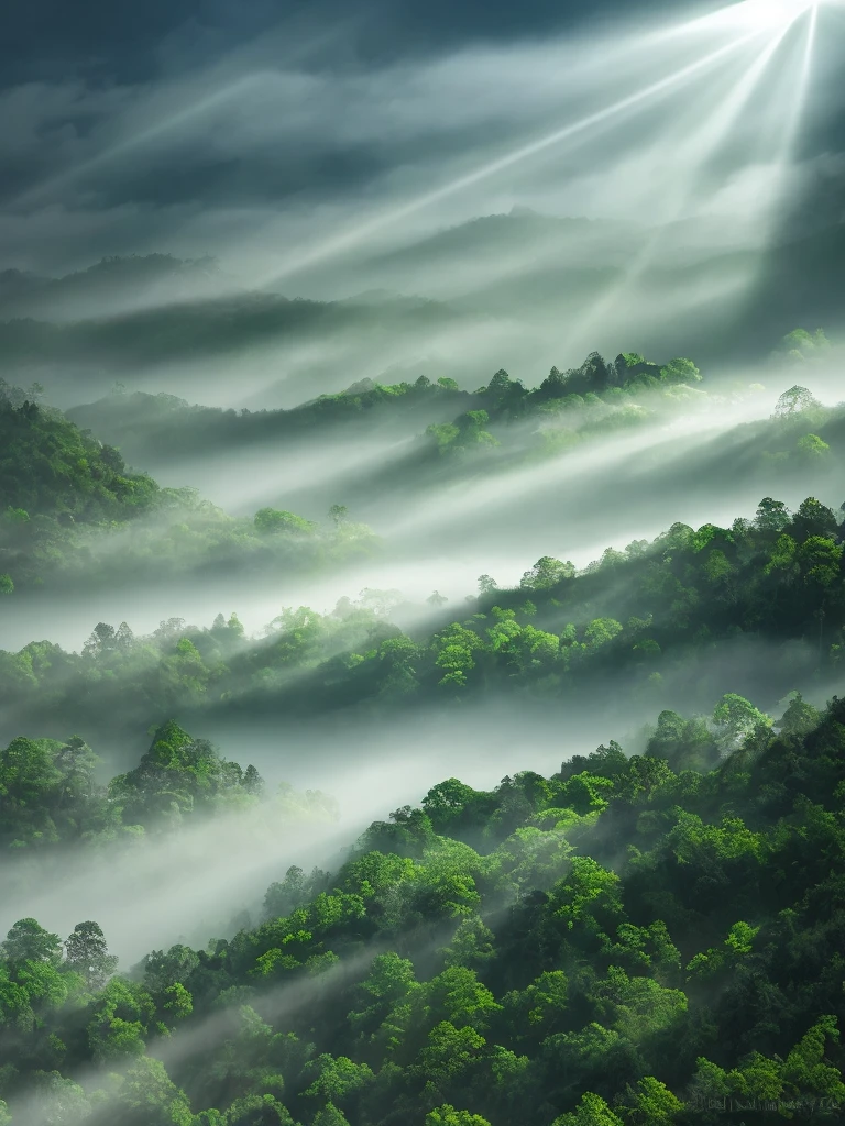 Tyndall effect, Fog in tropical forest, Sunlight through the mist, 32K Ultra HD style, Translucent water, HD Photography, silver andgreen, Low Angle, Smooth brushstrokes,