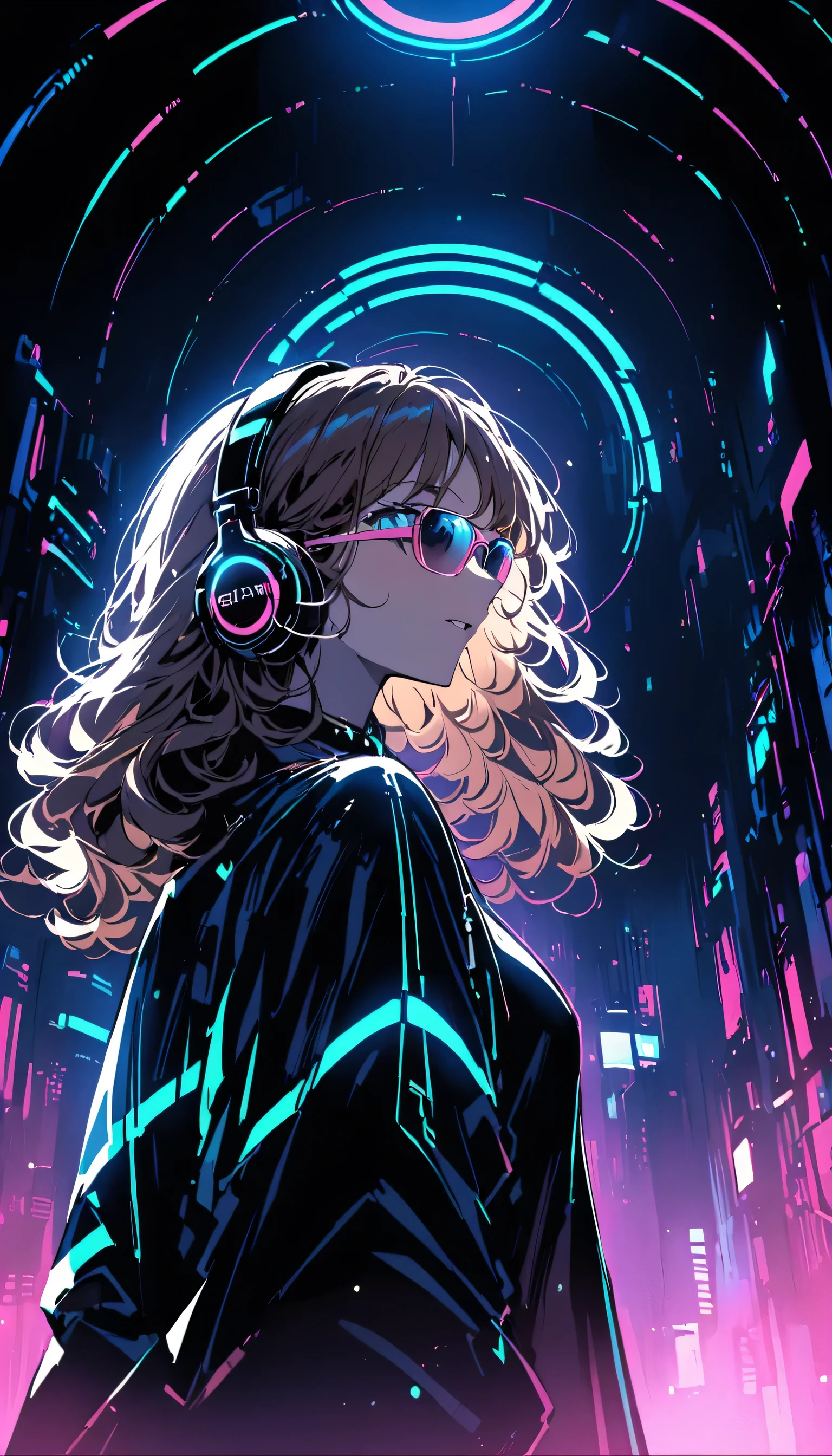 cheveux bruns . Belle femme aux cheveux bouclés et lunettes de soleil、Porter des écouteurs pleine taille、Lueur de néon du coordinateur du cyberpunk au néon la nuit dans une pièce sombre。