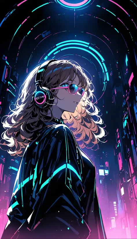 Brown Hair . Beautiful woman with curly hair and sunglasses、Wearing full-sized headphones、Neon glow of neon cyberpunk coordinato...