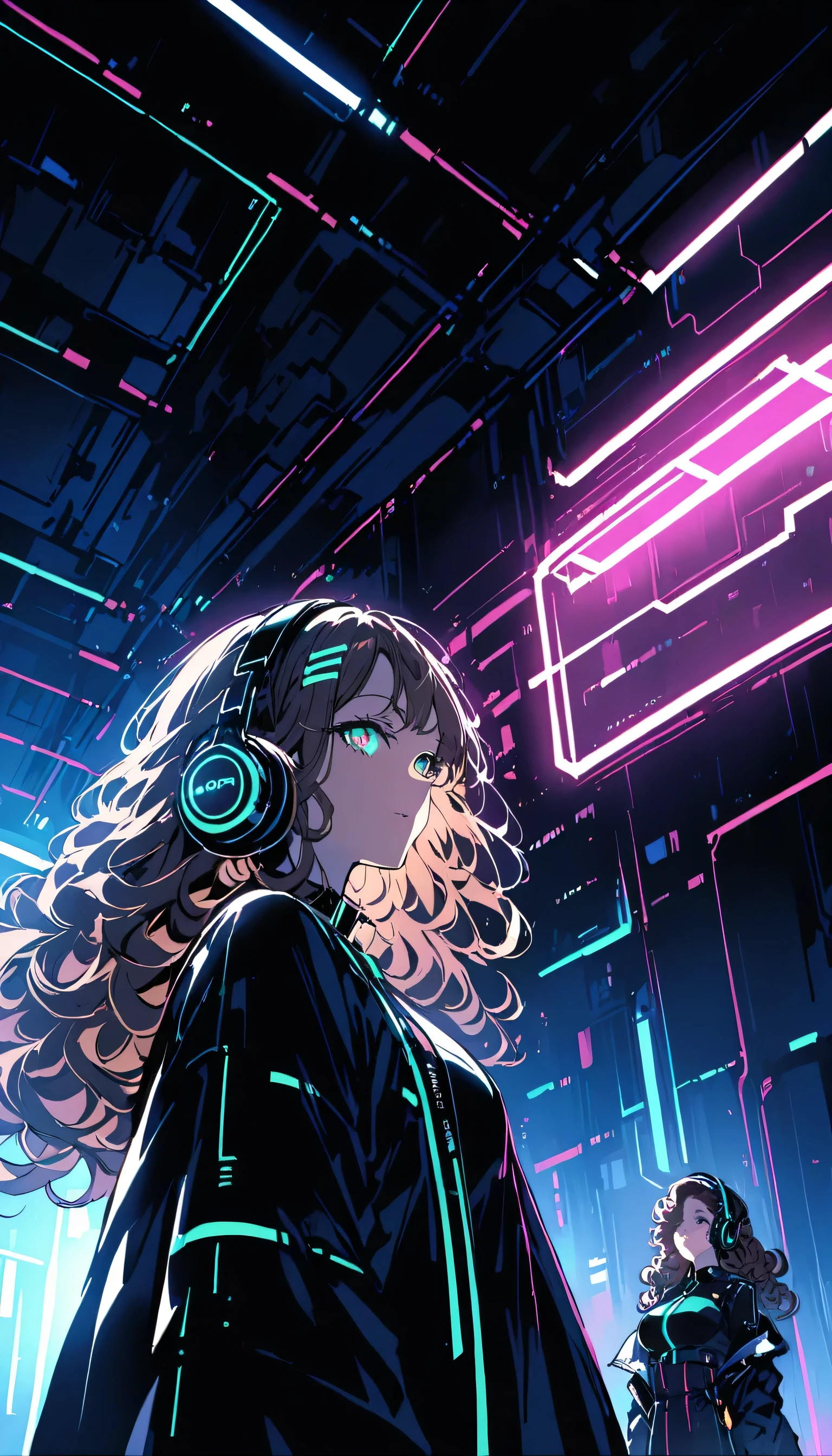 cheveux bruns . Belle femme aux cheveux bouclés et lunettes de soleil、Porter des écouteurs pleine taille、Lueur de néon du coordinateur du cyberpunk au néon la nuit dans une pièce sombre。