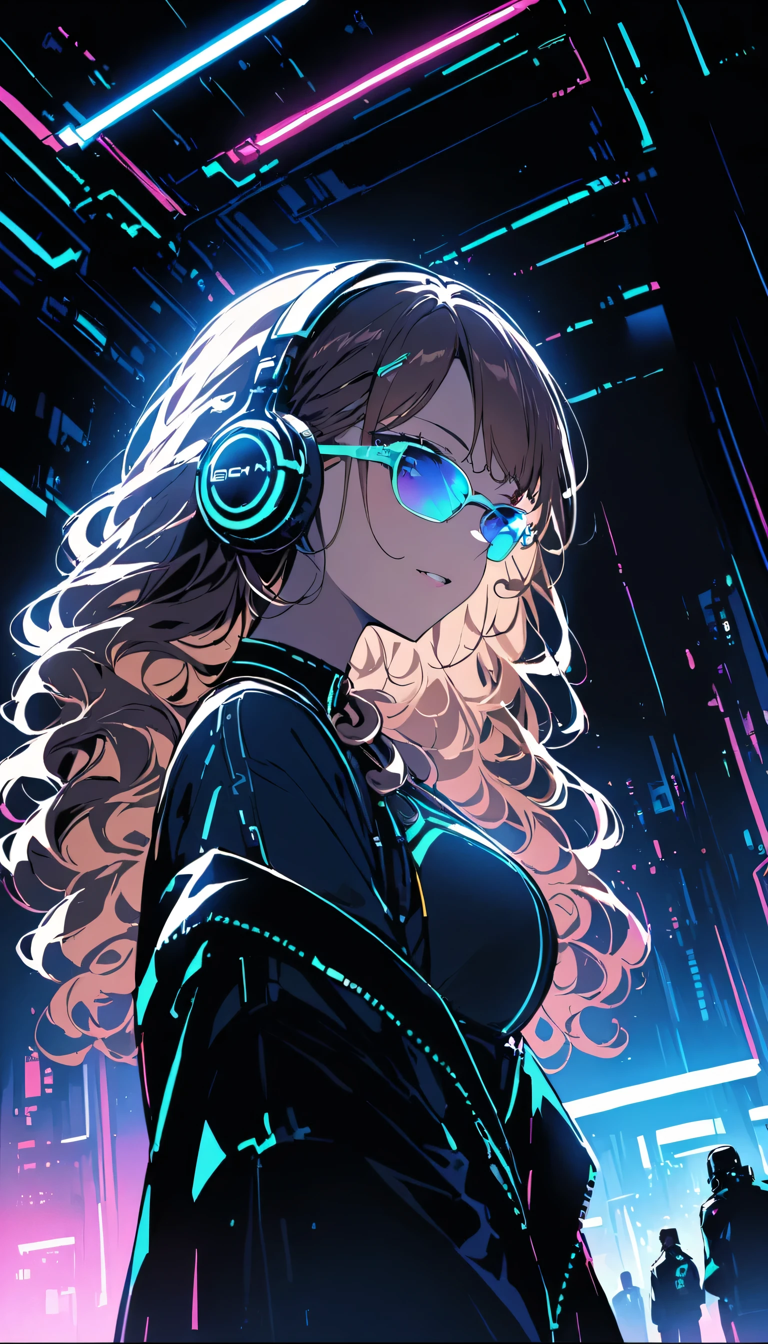 braune Haare . Schöne Frau mit lockigem Haar und Sonnenbrille、Tragen von großen Kopfhörern、Neonleuchten eines neonfarbenen Cyberpunk-Koordinators nachts in einem dunklen Raum。