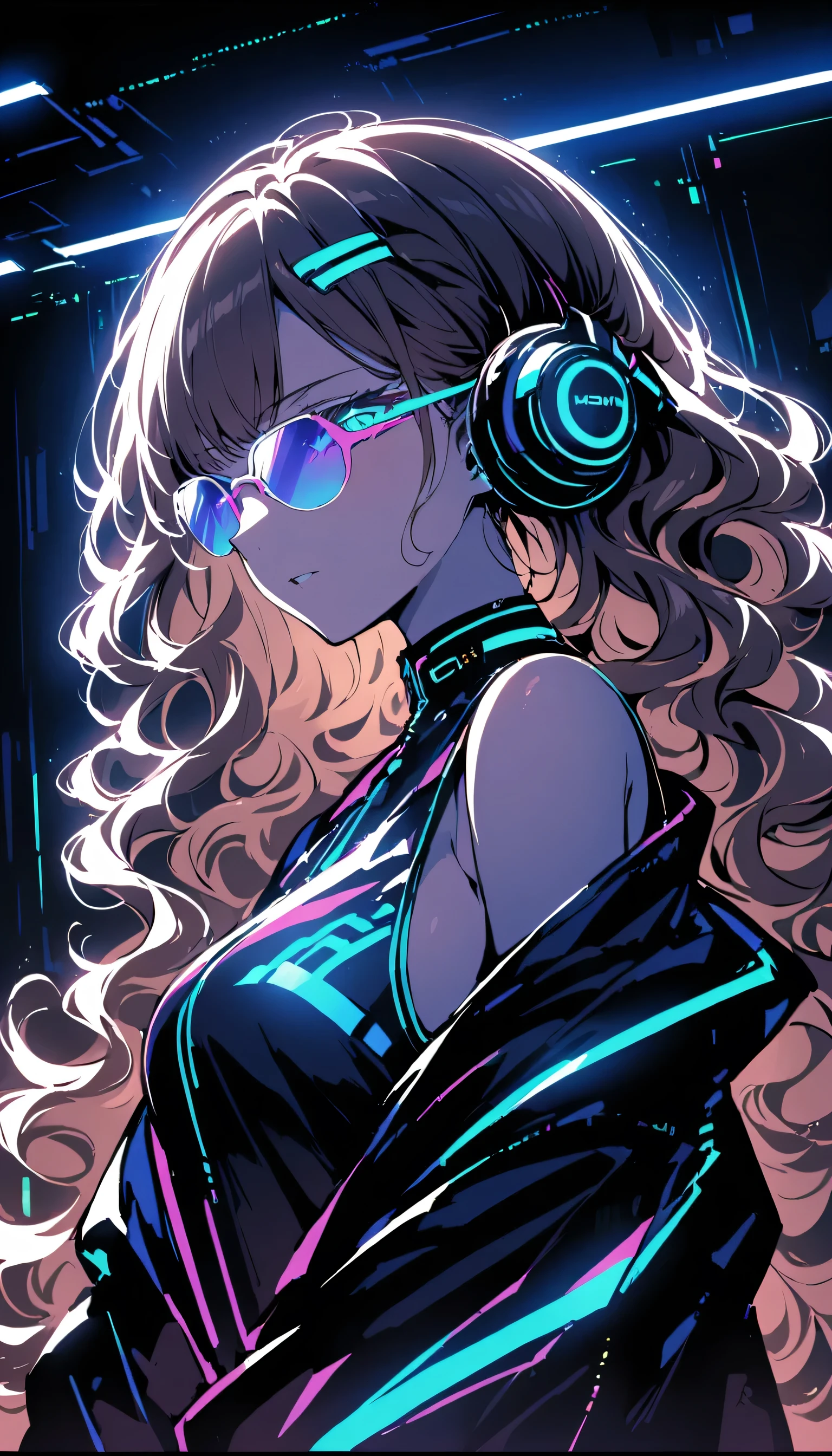 Pelo castaño . Hermosa mujer con pelo rizado y gafas de sol、Usar auriculares de tamaño completo、Resplandor de neón del coordinador de neón cyberpunk por la noche en una habitación oscura。