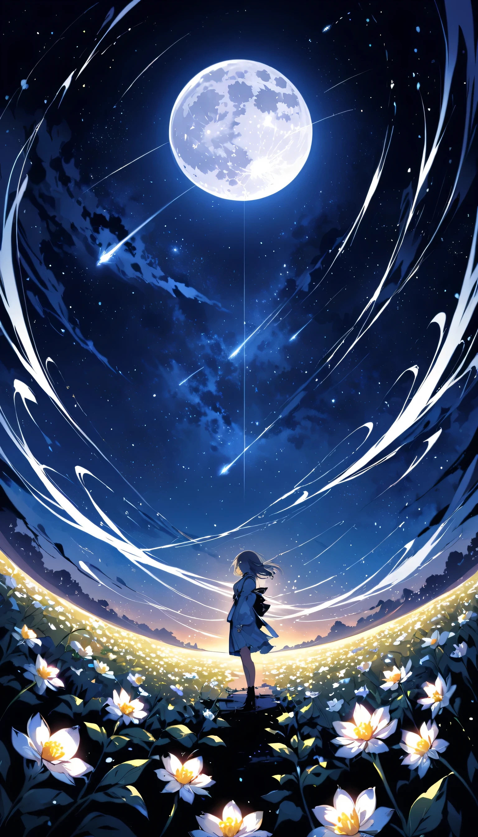 highest quality、High resolution、Clear image、Detailed Background、girl、random art、flower、Night Sky、Dutch Angle、Wide Shot、Comet Group、Big full moon、Wind、5ｍStanding ahead、