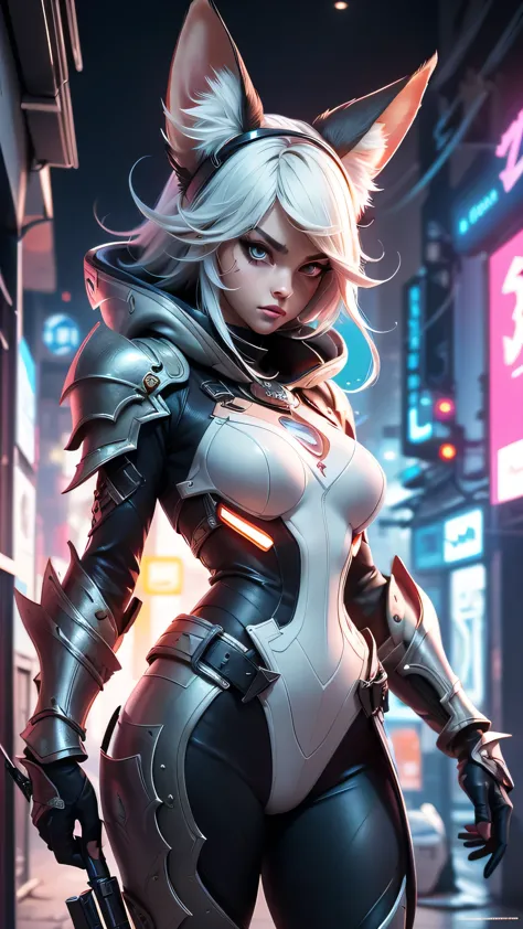 There is furutistic battlefield ... There standing fox female assassin in cyberpank heavy armor, (ultra high quality fantasy art...