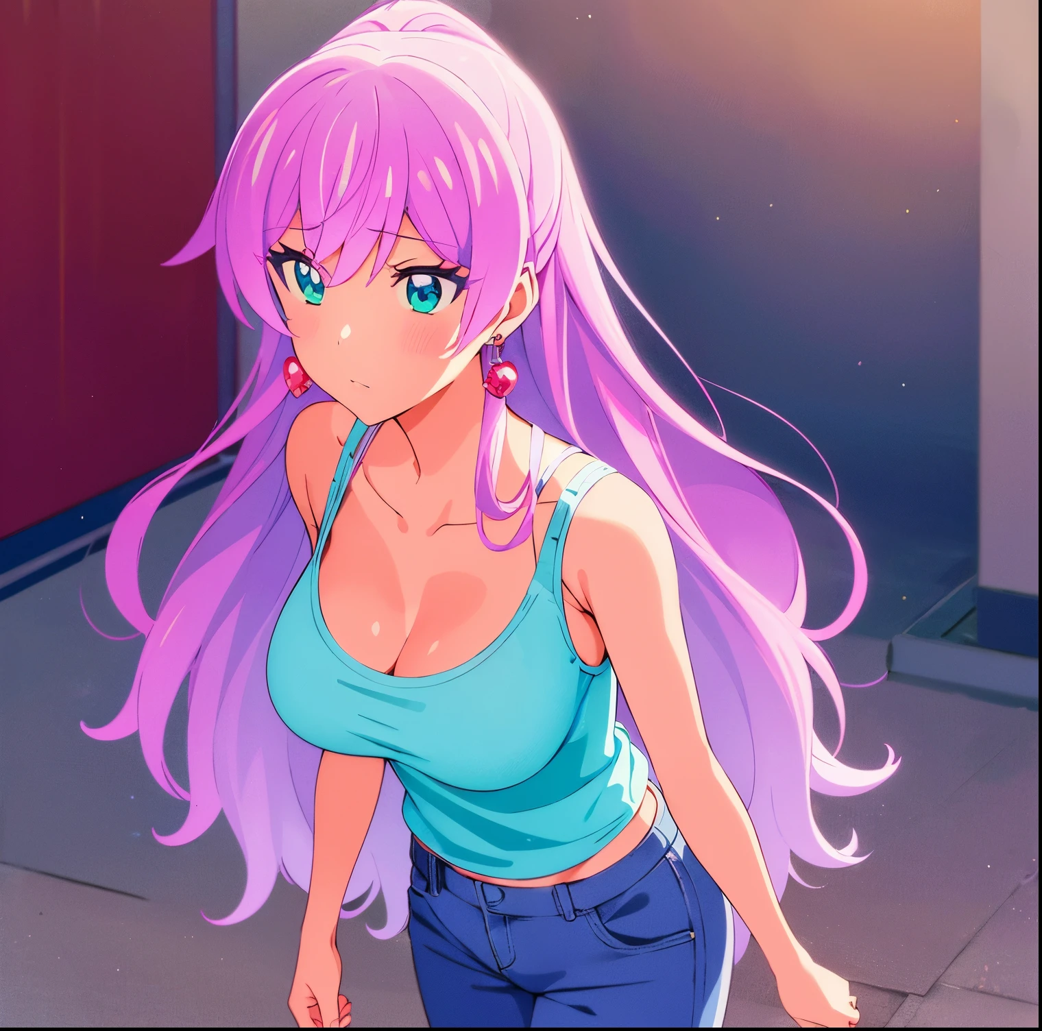 Anime girl with purple hair and blue top walking down a street - SeaArt AI