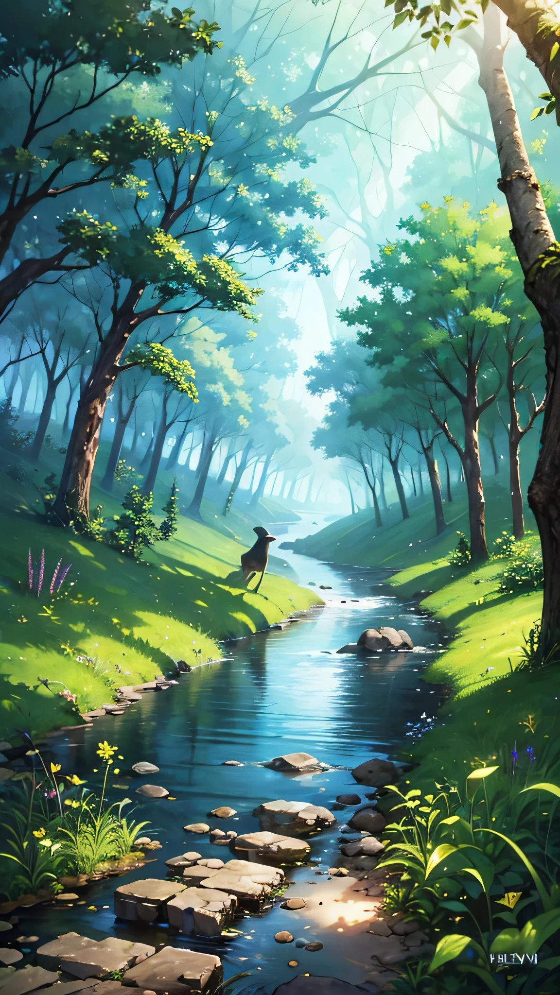 Ancient forest, It is expressed with very delicate and high-quality digital painting technology., Reach 8K resolution. This work、With its sharp focus、It&#39;s getting a lot of attention on the ArtStation website.。, Rich changes in light, Highly complex and detailed central structure. Inspired by artists like Lois van Baarle (Reusch), Ilya Kuvshinov, Studio Ghibli, The style of the website、The soft, watercolor-like colors capture the chibi-kawaii aesthetic.。.