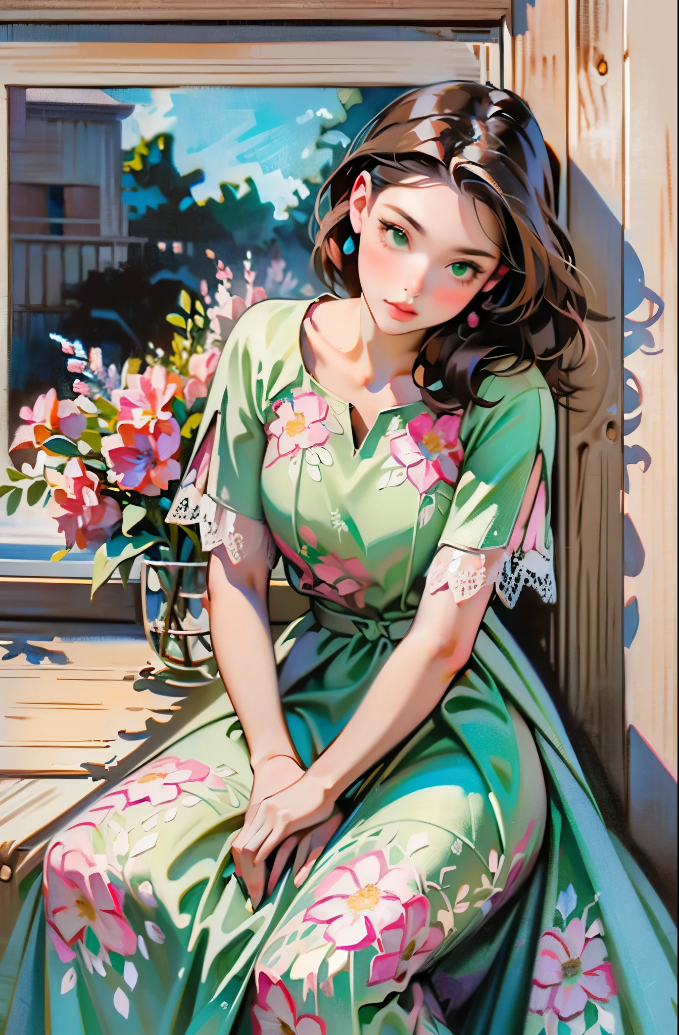 (Impressionismus1:1.0) soft pastel palette (Weiß, Rosa, Rot, Grün, braun) Aquarell (pensive pretty Young woman long braun hair in a floral print dress lace edges 1.0) (sitting on a stone door step leaning against an old braun wooden door 1.0).