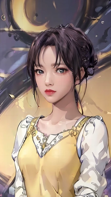 （（（Puff sleeves,Yellow dress,Short sleeve,（（（1 Girl，clavicle，cosmetic, purple hair,Brown eyes,Lips,Ponytail,short hair,Lipstick,ribbon,clavicle, ））），（（（Wide hips））），S-Shaped Body:1.7））），((masterpiece)),high resolution, ((Best quality at best))，masterpiece，quality，Best quality，（（（ Exquisite facial features，Looking at the audience,There is light in the eyes，blush，Shy））），（（（Light and shadow intertwine，huge ，Blurred Background））），（（（Looking at the camera，from above，look down，Lower abdomen elevated）））