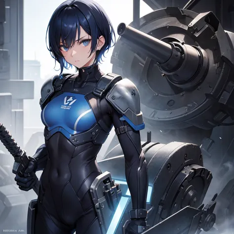 dark blue hair，short hair，neutral，boyish，hiding one eye，slender，rin々a funny face，powered suit，reinforced suit，mechanical，science...