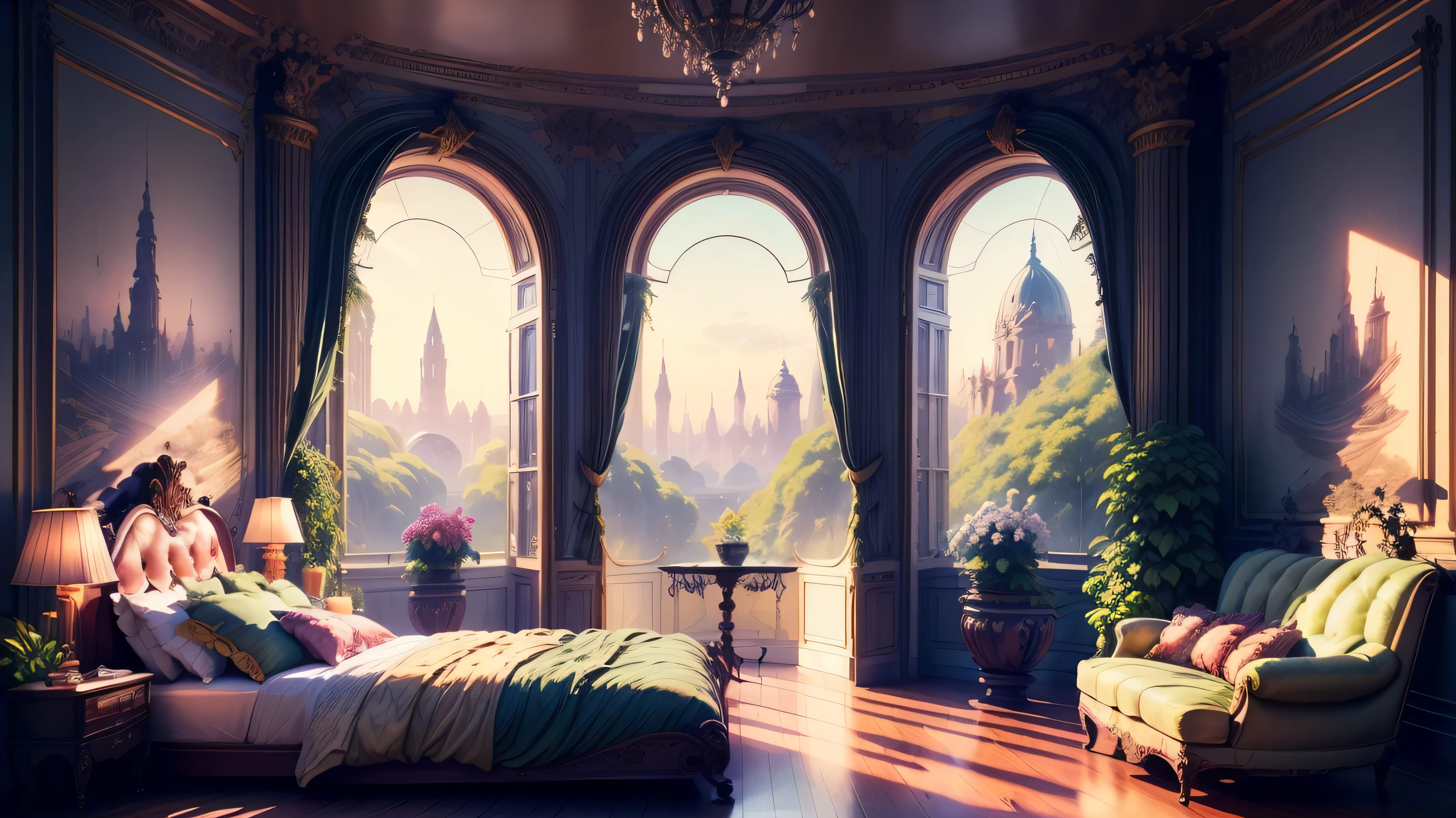 Solarpunk Dreamscape: The Royal Botanical Sanctuary | Generate an ornate botanical bedroom in the style of Versailles in a solarpunk world. There is a giant historical window in the bedroom. The giant French historical window is adorned with intricate carvings and dominates one wall. Through the massive window, a colorful and intricate solarpunk cityscape is visible. The cityscape is bustling and interesting, with many small details and high visual interest. The bedroom is peaceful, with many elegant flowers and flowered ivy among the rich silk fabric and hardwood floor. Take inspiration from rooftop gardens, royal french gardens, beautiful rose gardens, and whimsical fantasy. Include beautiful fantasy details and touches, including fantasy water, books, 3D touches, and delicate tendrils of ivy. Camera: Utilize innovative lighting techniques to emphasize the realism and beauty of the image. Delicate flower petals from floating flowers dance through the air. Utilize dynamic composition to create a compelling image.