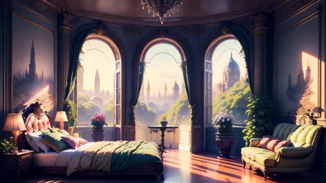 Solarpunk Dreamscape: The Royal Botanical Sanctuary | Generate an ornate botanical bedroom in the style of Versailles in a solar...