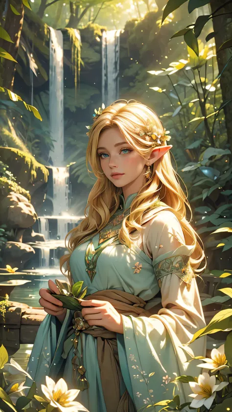 (ultra-realistic,highres,masterpiece:1.2),young elf girl,blonde hair,green garment,(beautiful detailed eyes,beautiful detailed lips),(long eyelashes),(realistic,photorealistic,photo-realistic:1.37),(portraits,fantasy),forest,(peaceful,tranquil,magical) atmosphere,playing with deer,nature,gentle (sunlight,sunbeam),lush foliage,sparkling (waterfall,stream),mysterious mist,delicate (flowers,plants),enchanted (woods,forest),(ethereal,spiritual) energy
