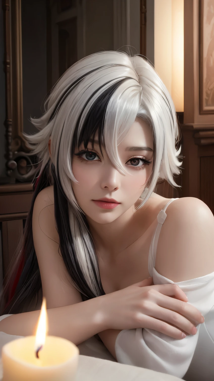 （Best quality，4k，high resolution，masterpiece：1.2），Ultra Detailed，lifelike：1.37，Romantic composition，Vibrant colors，Soft lighting，Dreamy atmosphere，Intimate moments，Flowing dress，White hair，Black Hair，Colorful Hair，short hair，Straight Hair，Long braids，Glowing red eyes，Red X pupil，Close your eyes，Gentle touch，Gentle and soft-spoken，Exquisite facial features，Comfortable beds，Warm environment，Flickering candlelight，Subtle light and shadow，Peaceful atmosphere，Warm hug，Capturing the essence，Ethereal beauty，Emotional connection，In the dream world，evoke，Stunning scenery