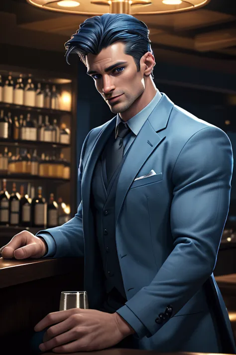 (best quality,4k,8k,highres,masterpiece:1.2),ultra-detailed,handsome, charming,dark-haired,gorgeous blue eyes,stylish black suit...