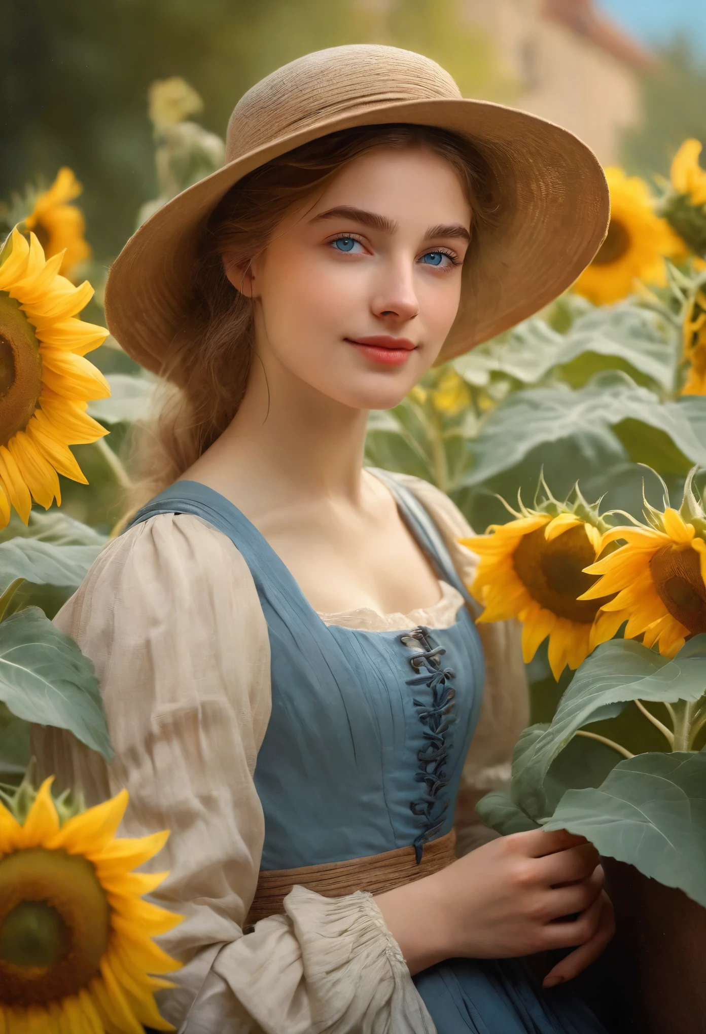 (best quality,highres,masterpiece:1.2),ultra-detailed,(realistic,photorealistic,photo-realistic:1.37), A French girl,19th century,16 years old, merchant's daughter, (dreamy blue eyes:1.5), high nose, holding a bunch of sunflowers, detailed facial features elegant posture, vintage clothing, flowing silk dress, the Mars background, soft sunlight, subtle bokeh, vivid colors, impressionist style, detailed brushstrokes, classical composition, graceful expression, Waist up, dynamic angle, White skin, Surrealism, Dreamy atmosphere, smiling