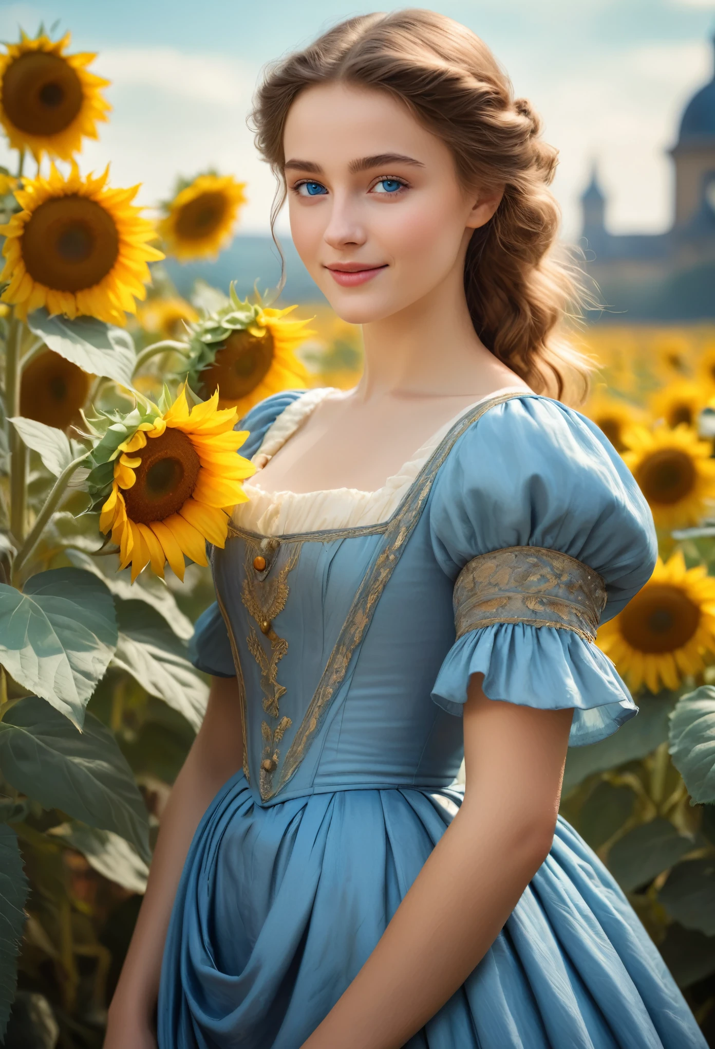 (best quality,highres,masterpiece:1.2),ultra-detailed,(realistic,photorealistic,photo-realistic:1.37), A French girl,19th century,16 years old, merchant's daughter, (dreamy blue eyes:1.5), high nose, holding a bunch of sunflowers, detailed facial features elegant posture, vintage clothing, flowing silk dress, the Mars background, soft sunlight, subtle bokeh, vivid colors, impressionist style, detailed brushstrokes, classical composition, graceful expression, Waist up, dynamic angle, White skin, Surrealism, Dreamy atmosphere, smiling