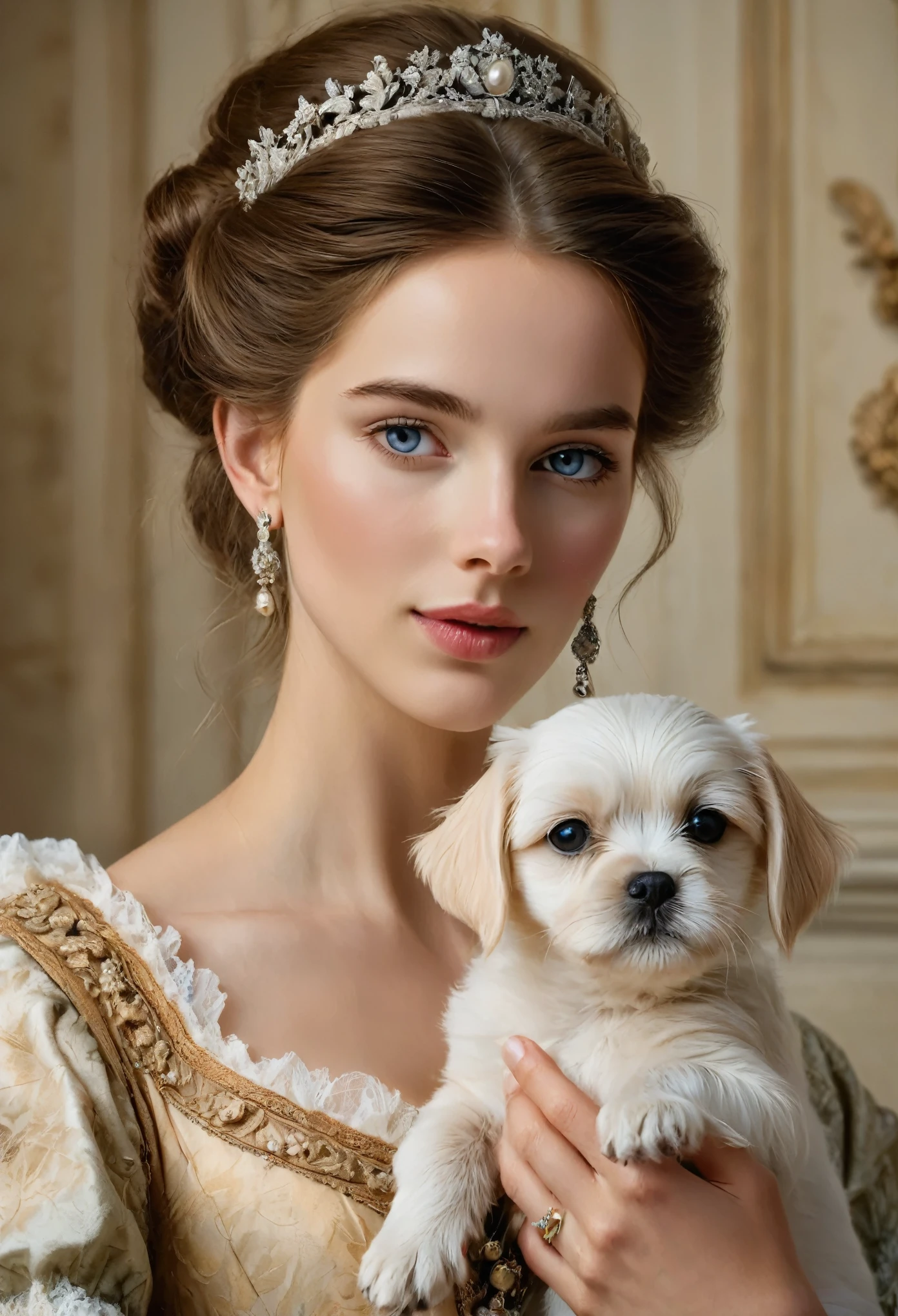 (highres,masterpiece:1.2),(realistic:1.37)"(best quality, highres, ultra-detailed, realistic),(a beautiful) portrait painting (of a) young British noblewoman (holding a) puppy, (set in) 18th century England. (The woman has) stunningly detailed eyes, (with) long eyelashes, (and) beautiful detailed lips. (The artwork is created using) oil painting medium (to achieve a) high-resolution (and) photorealistic (quality). (The scene is adorned with) velvety dresses (and) intricate lace details. (The art style exhibits) a mixture of classical and romantic elements. (The color palette leans towards) warm tones, (with) soft lighting (emphasizing) the graceful features of the lady. (The final artwork) displays a perfect blend of elegance, charm, and innocence. wearing a ring, beautiful dreamy eyes, the most breautiful face in the world, 18 years old,　