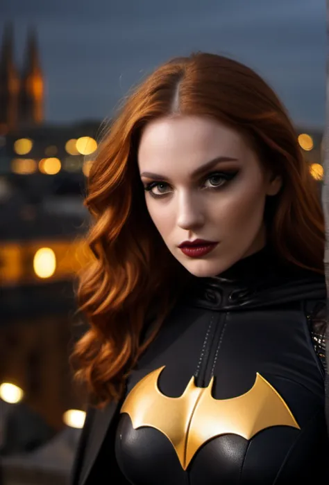 cinematic film still , night time, long wet wavy ginger hair, ((nubile toned superhero on a gothic cathedral roof top)), batgirl...