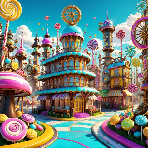 A steampunk candy city inspired by the vibrant colors and bold shapes of Pop Art, with oversized gears and cogs in bright hues. ...