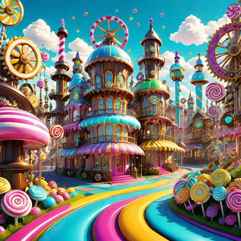 A steampunk candy city inspired by the vibrant colors and bold shapes of Pop Art, with oversized gears and cogs in bright hues. ...