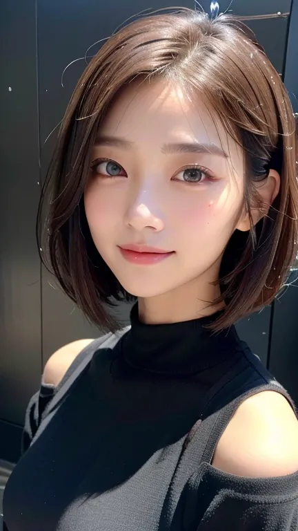 (((close-up of face)))、(((absolutely shoulder-length brown straight short bob)))、(((she is posing like a hair salon model, with ...