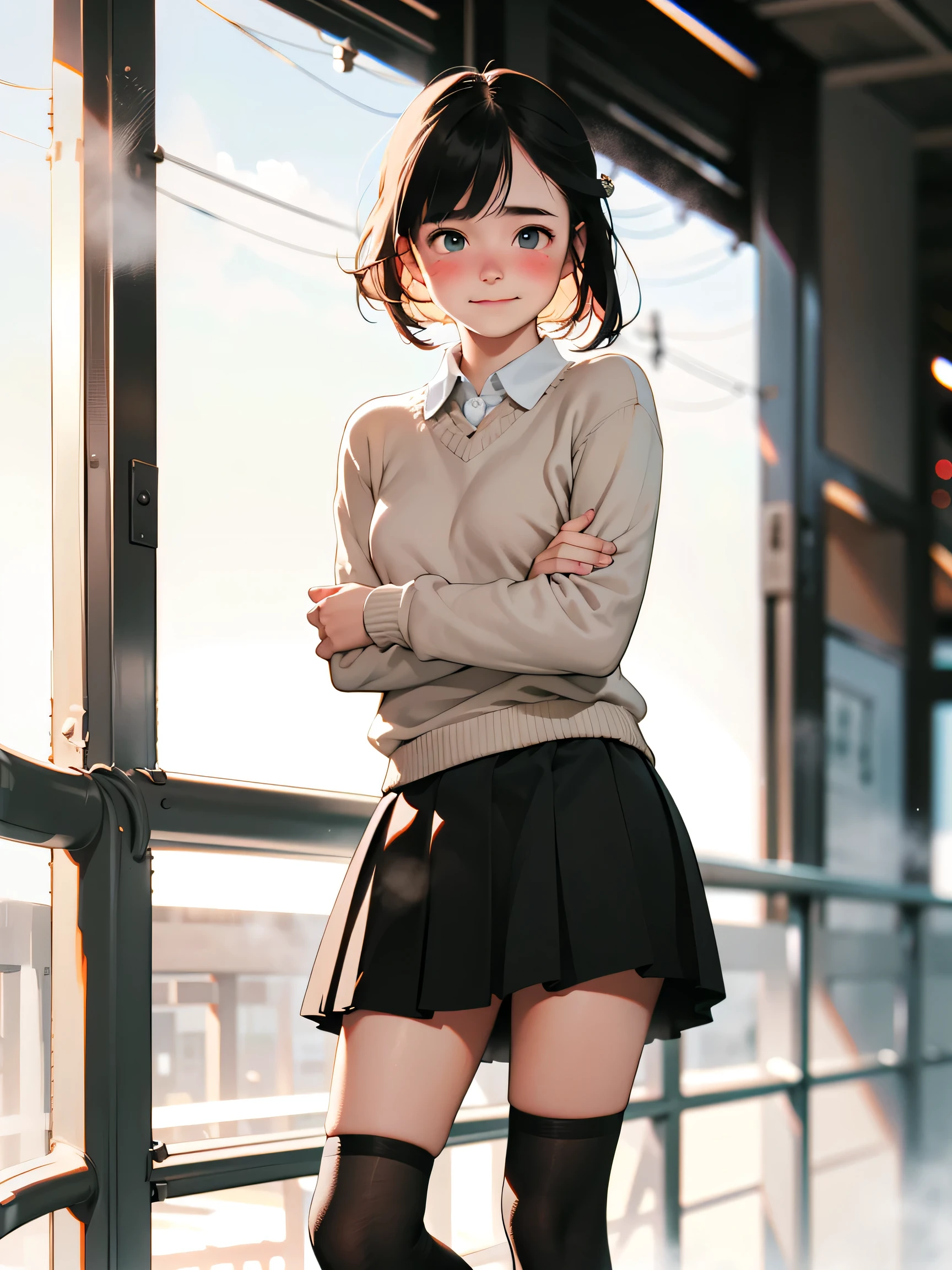 A swedish, American,  german, young woman, 20yo, downtown, in large metropolis, collared shirt, sweater, pleated skirt, chuck taylor shoes, smirk  ((heavy gaussian blur)), ((soft lighting)), (((extremely hazy:1.2))),, (extremely bright), (dreamy atmosphere), bright vivid colors, (blushing:1.2), standing