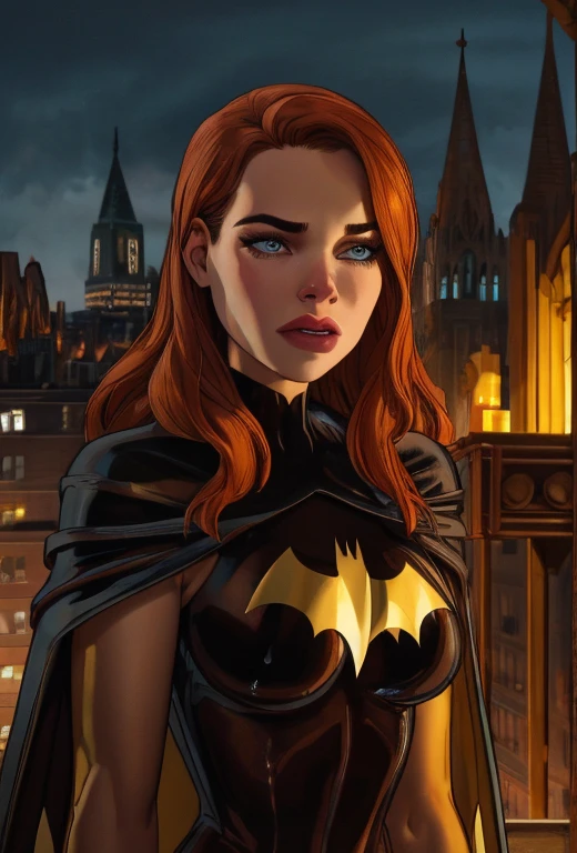 cinematic film still , night time, long wet wavy ginger hair, ((nubile toned superhero on a gothic cathedral roof top)), , skintight( black orange and gold:1.3) intricately detailed skin tight superhero bodysuit, cape, shoulder pads, ((Gotham city background)), (crystalblueeyeswith eyelashes), . shallow depth of field, vignette, highly detailed, high budget, bokeh, cinemascope, moody, epic, gorgeous, film grain, grainy