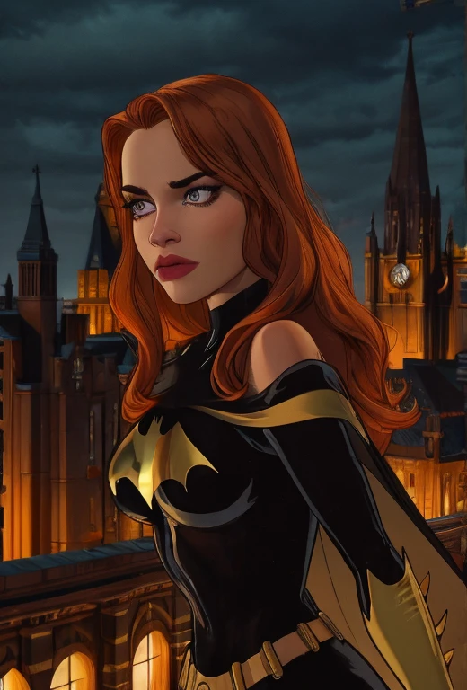 cinematic film still , night time, long wet wavy ginger hair, ((nubile toned superhero on a gothic cathedral roof top)), , skintight( black orange and gold:1.3) intricately detailed skin tight superhero bodysuit, cape, shoulder pads, ((Gotham city background)), (crystalblueeyeswith eyelashes), . shallow depth of field, vignette, highly detailed, high budget, bokeh, cinemascope, moody, epic, gorgeous, film grain, grainy