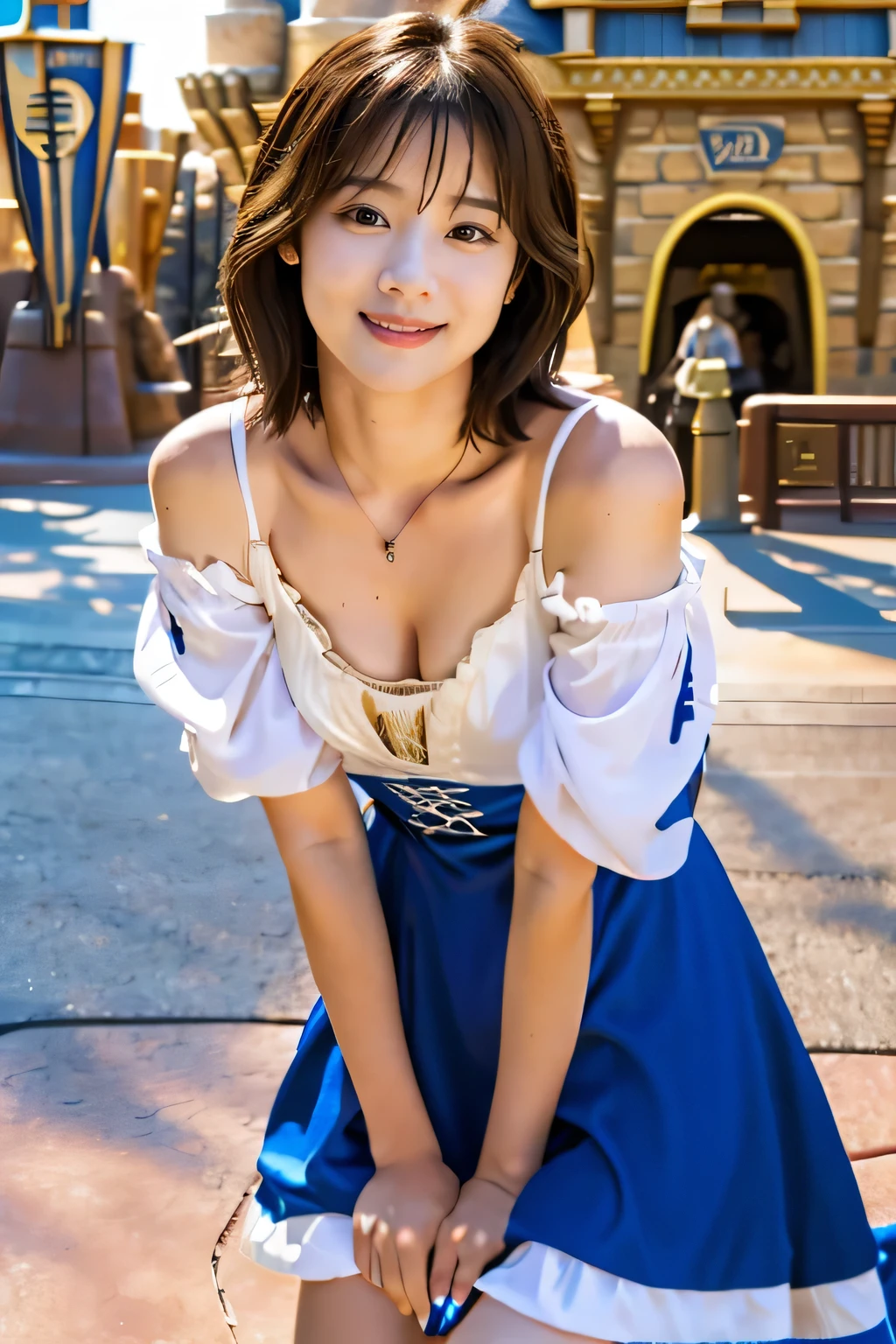 (Disneyland:1.5)、(Medieval European style dress:1.5)、(Full-body photo:1.5)、highest quality, Photorealistic, Very detailed, finely, High resolution, 8K Wallpaper, Professional, High level of detail, ((One 18 year old girl:1.2)), Slender Japanese women,Pretty lips, (Beautiful long lashes:1.2)、Detailed clavicle, Perfect Face, (Cute short bob hair:1.5),Top Quality，Ultra-clear resolution，Clear Eyes，Sunburned skin，perfect medium breasts，A pretty necklace around the neck、have perfect legs，A kind smile、
