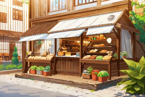 bakery, маленькая bakery, lodge, a lot of plants, many colors, leaves, buns, coffee, white background, isometric