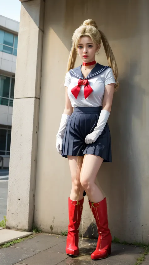 (masterpiece, best quality:1.2), (realistic, photo-realistic:1.4), RAW photo, highres, extremely detailed, intricate details, cinematic lighting, (front view, view from below:1.3), (full body, standing, boots:1.5), (sailor moon, tsukino usagi), solo, 1girl...