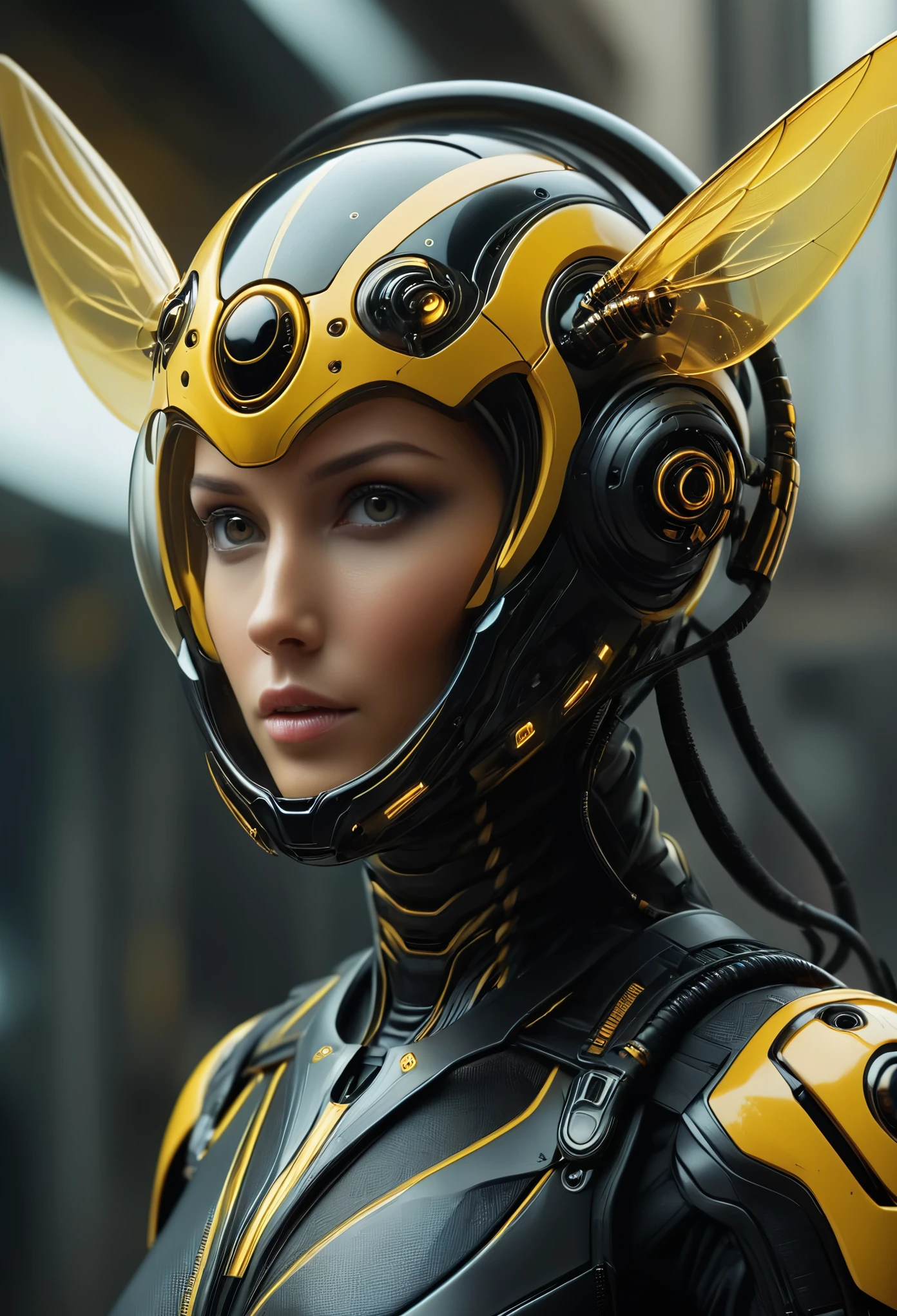 (Best Quality, 4K, 8K, High Definition, Masterpiece:1.2), (Ultra Detailed, Realistic, Photorealistic:1.37),A terrifying female combat android combined with a human female and a hornet, A full-face helmet shaped like a wasp's face, featuring yellow and black color scheme like a hornet, enormous compound eyes, and futuristic technology. (NDFW:1.3)A full-face helmet modeled after the ferocious face of a wasp.