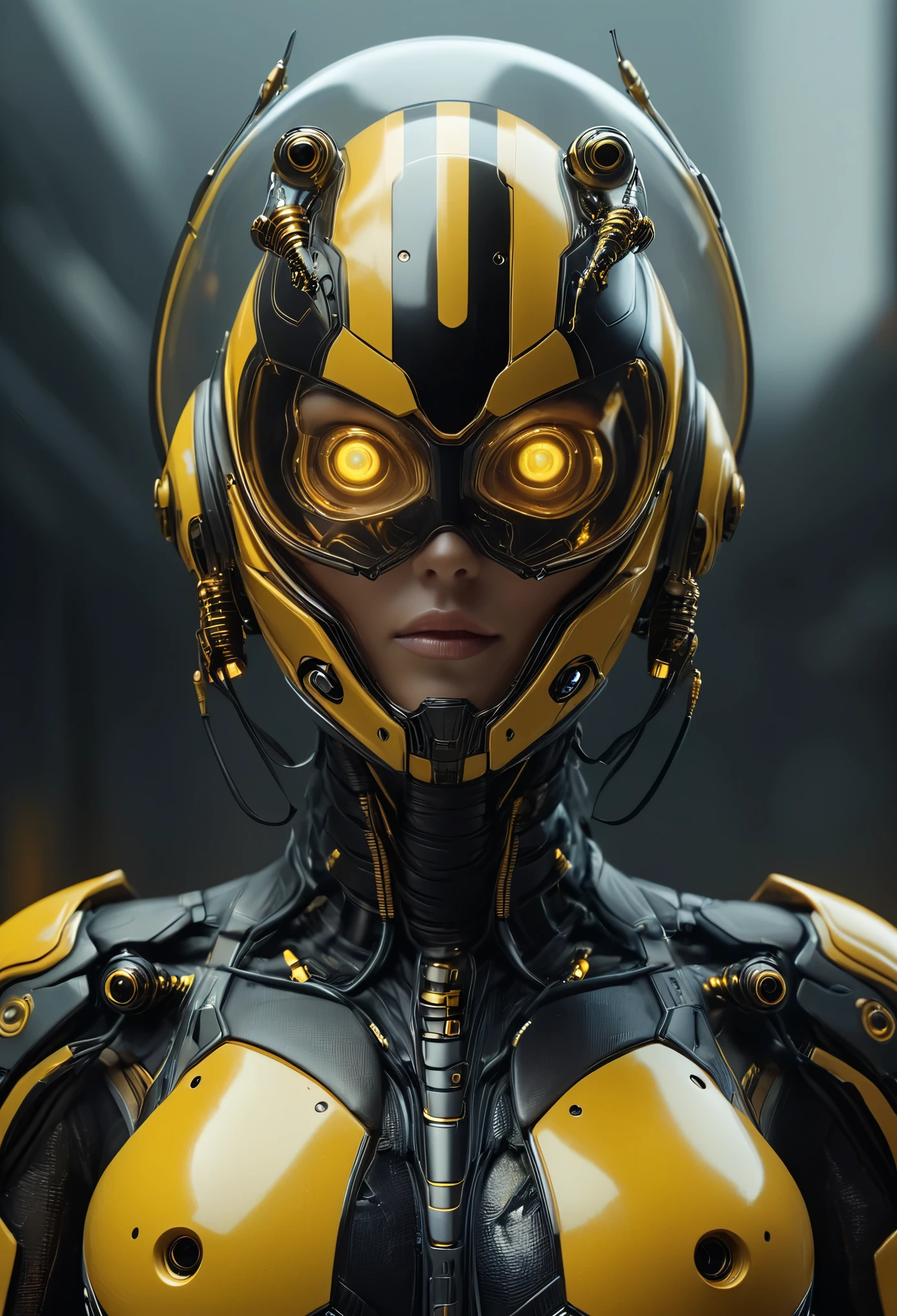 (Best Quality, 4K, 8K, High Definition, Masterpiece:1.2), (Ultra Detailed, Realistic, Photorealistic:1.37),A terrifying female combat android combined with a human female and a hornet, A full-face helmet shaped like a wasp's face, featuring yellow and black color scheme like a hornet, enormous compound eyes, and futuristic technology. (NDFW:1.3)