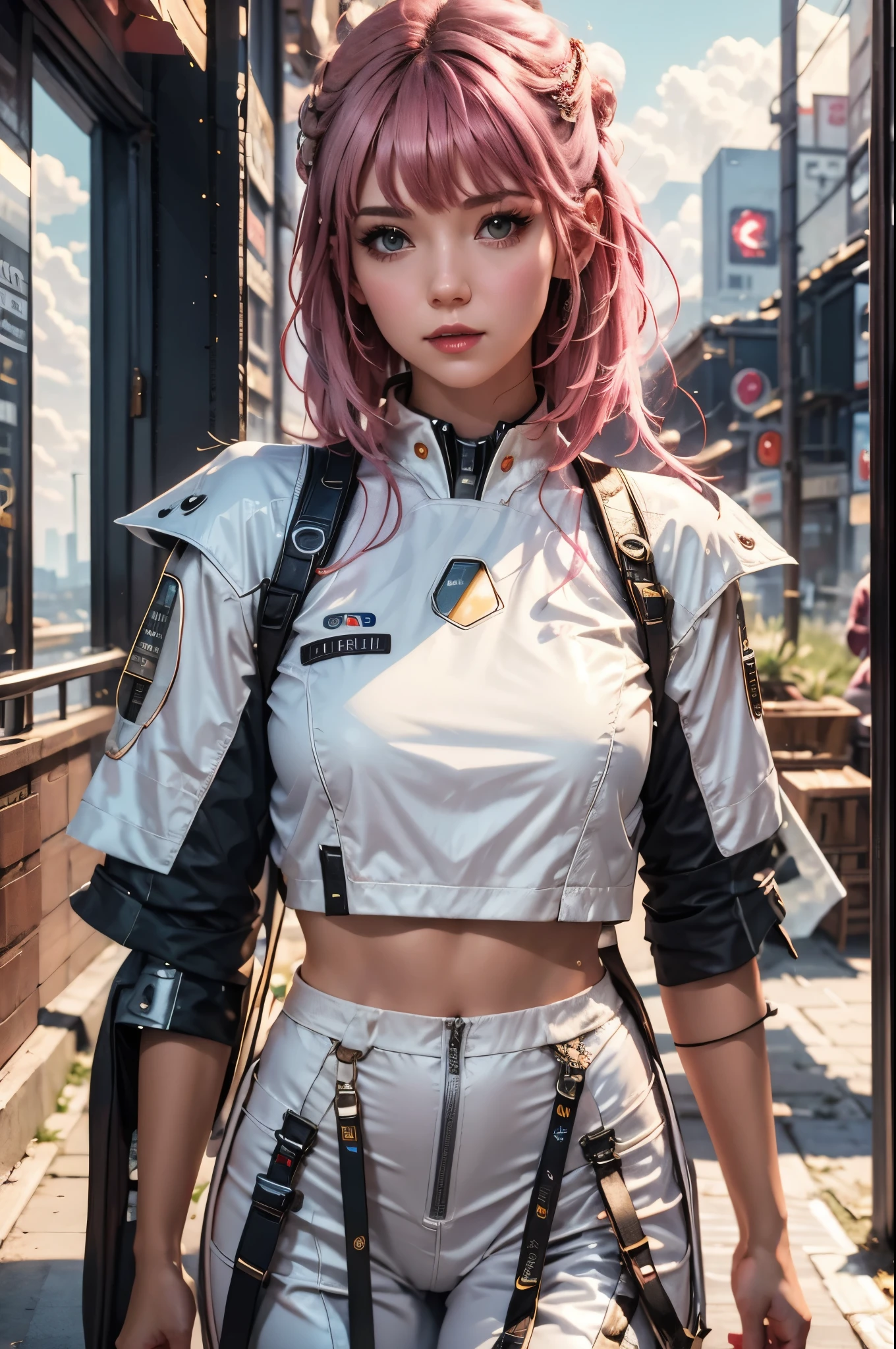 ((masterpiece, best quality, extremely detailed), volumetric lighting, ambient occlusion, colorful, glowing), 
1girl, solo, young girl, (pink hair), long hair, halo, aura, sacred, godness, cyber suit, (white outfit:1.3), android, bot, angel wings,
outdoors, sunset, sky, clouds, space, (cyberpunk theme:1.2),