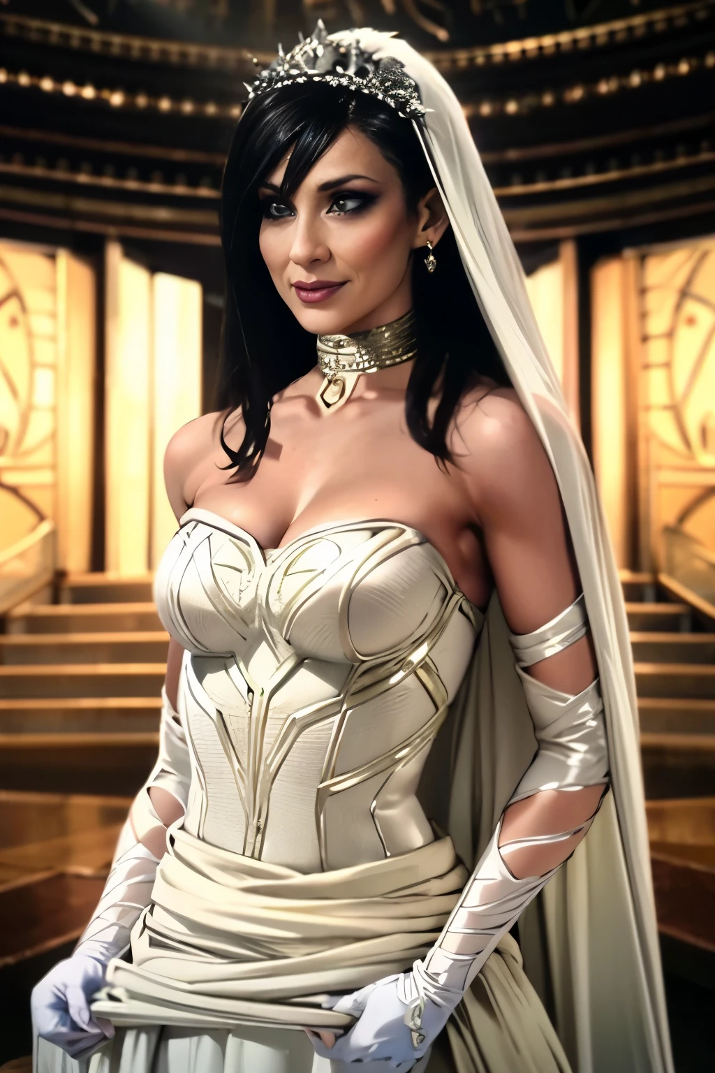 1girl, solo,Hela marvel, crown,earrings ,lipstick, eye shadow, makeup, hair between eyes, ahoge, hair ornament, gloves, dress, cleavage, bare shoulders, collarbone, white oprea gloves, white gloves, white dress, strapless, white choker, tiara, veil, strapless dress, wedding dress, bridal veil, beautiful woman, perfect body, perfect breasts, wearing a wedding dress, ball gown, in the park trees, wedding decorations, looking at the viewer,  smile, realism, masterpiece, textured skin, super detail, high detail, high quality, best quality, 1080p,