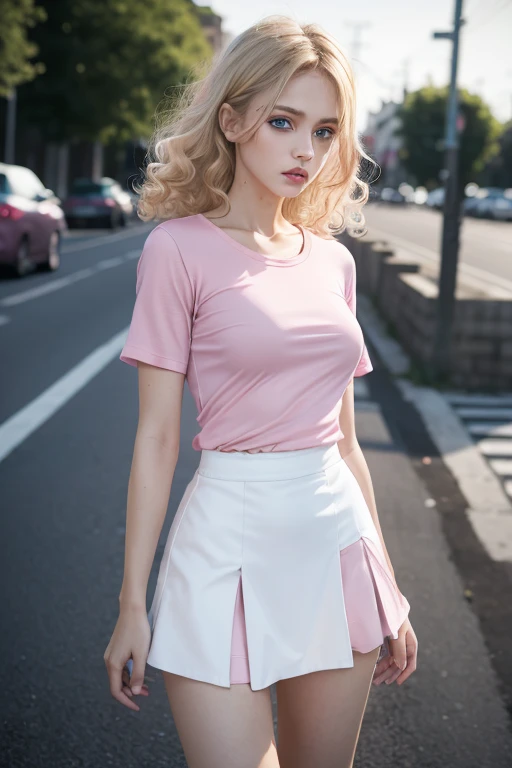 Aggressive burglar man with her,Mini white skirt in the wind,40k, photography, masterpiece, best quality, dark gray background, behind, sfw, (1girl blue eyes and blonde hair soon curly), ass until waiting wearing, (semi shirt aberta_outfit: 1.3), (pink outfit: 1.3).