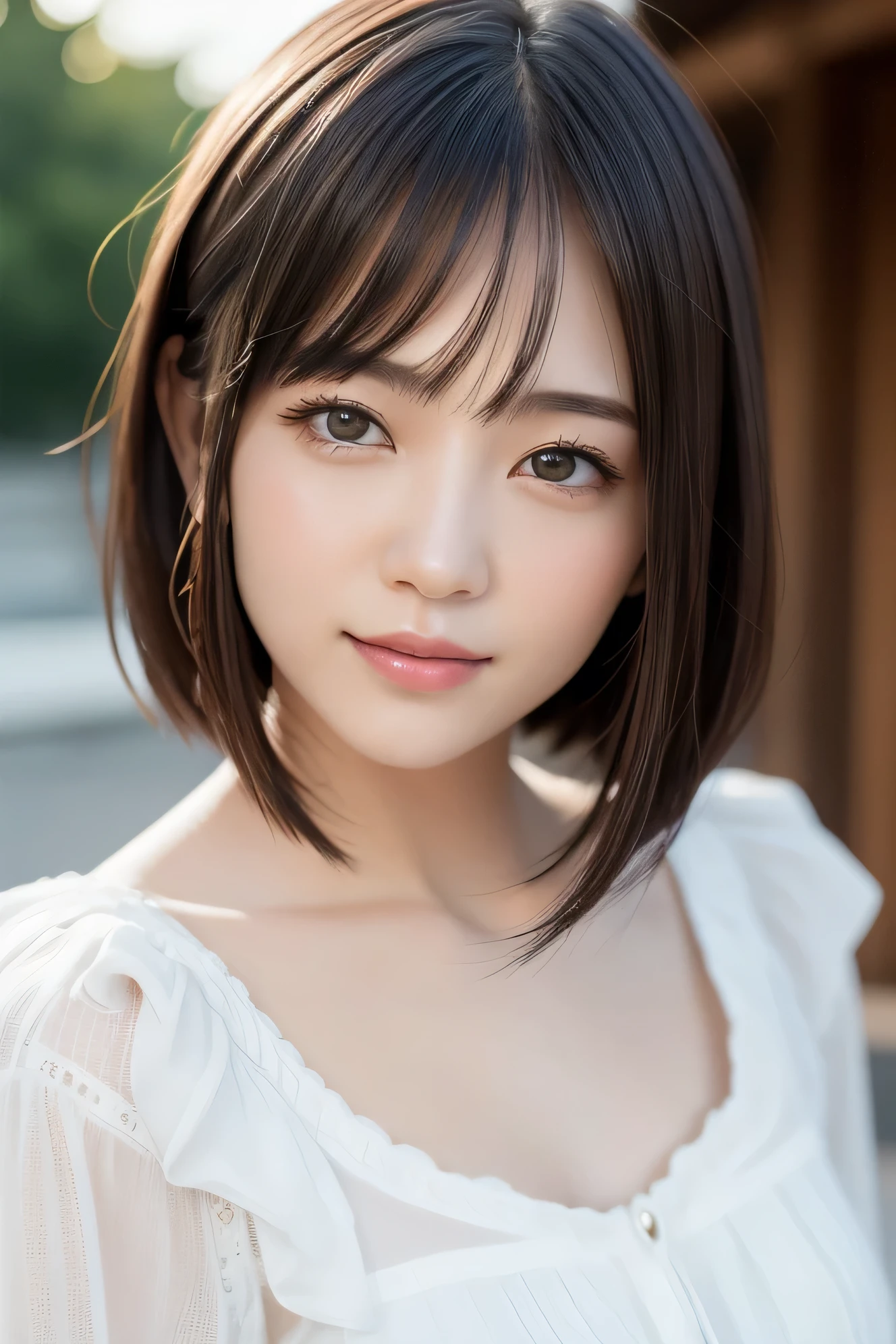 (highest quality:1.5)、(Realistic:1.5)、(1 person:1.5)、(Upper Body:1.5)、Very detailed、High resolution、8k wallpaper、、Small breasts、Natural color lips、Cute Smile、Japanese women、20-year-old girl、Beautiful and elegant face、Perfect and beautiful face、Big eyes、Brunette eyes、Beautiful and elegant face、Natural double eyelids、Natural Bangs、Beautiful thin nose、Beautiful Skin、Chestnut Hair、Medium Bob Hair、Short Hair、Natural Bangs、Perfect and beautiful face、Slim face and figure、(Looking at the camera with a cute expression)、Bright lighting、Professional Lighting、Forward lighting、Cute Smile、Clothes by Violet Evergarden、Violet Evergarden、Facing forward、Simple poses、Fair skin、slender、Glowing Skin、Beautiful Skin、