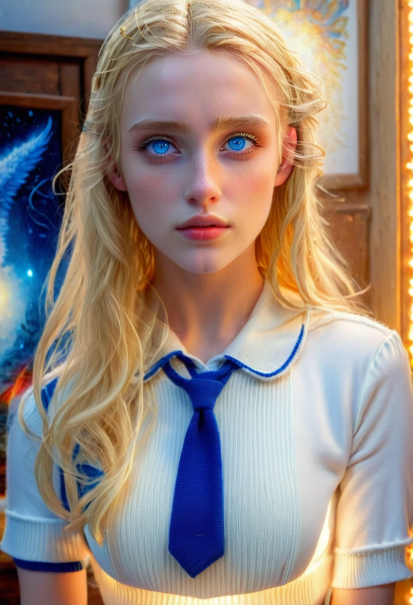 (high nose,White skin),[beautiful blue eyes],pure white knit,Long blonde perm hair,bangs covering the forehead ,upper body, ( masterpiece, top quality, best quality,8K,1 girl,very detailed,RAW photos:1.5),(realistic:1.4),(movie lights), PerfectNwsjMajic, , surrealism, UHD, accurate, super detail, textured skin, high detail, best quality, dynamic angle, 