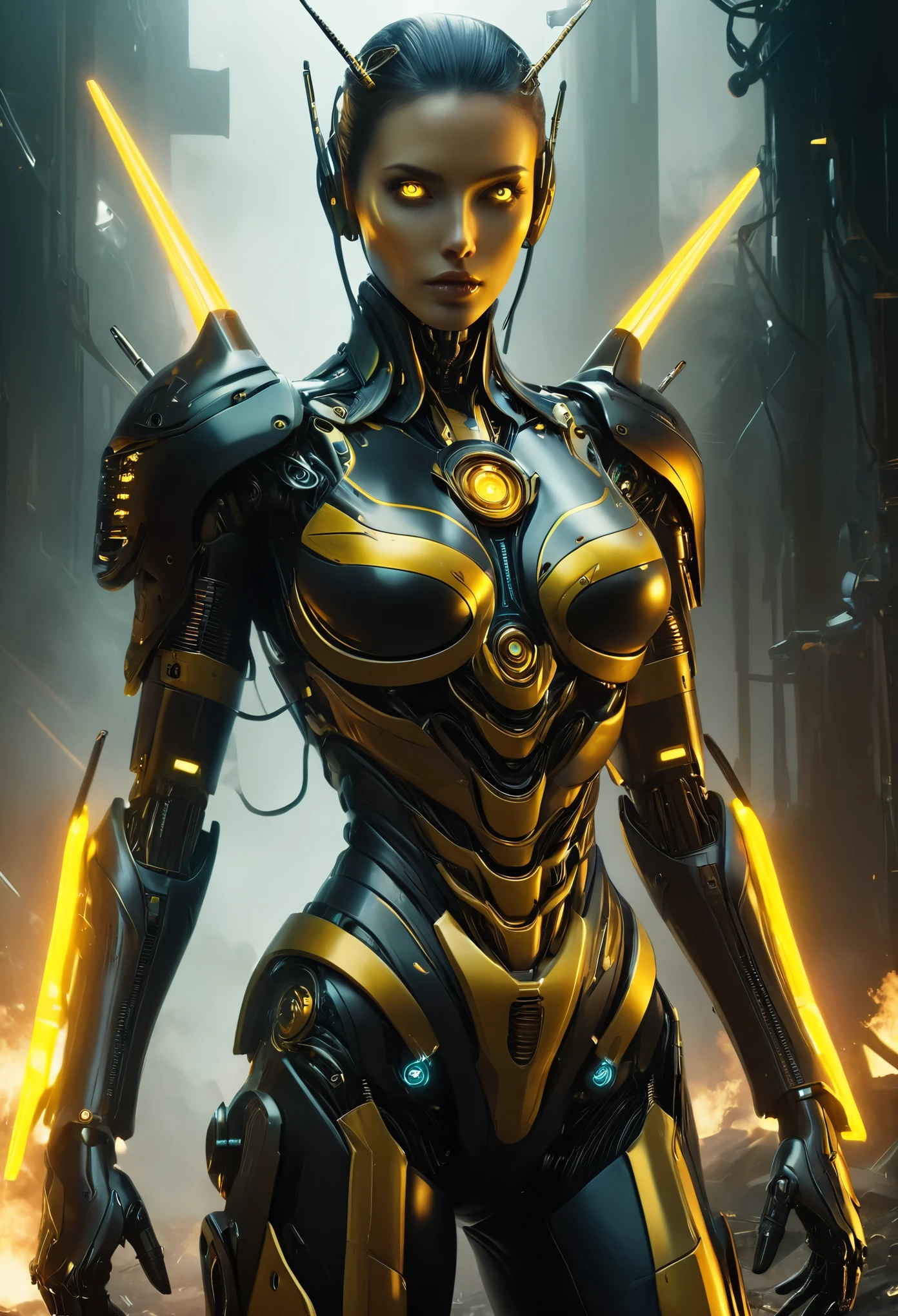 (最好的品質, 4k, 8K, 高畫質, 傑作:1.2), (超詳細, 實際的, 逼真的:1.37),一個可怕的女性戰鬥機器人與人類女性和黃蜂的結合, 採用黃色和黑色配色方案, 巨大的複眼, 和未來科技. 這個機器人有著可怕的外表和健美而肌肉發達的身體. 它配備了先進的武器和裝甲，展示了複雜的機械細節. 機器人的臉部結合了人類的特徵和大黃蜂的獨特特徵, 包括鋒利的下顎骨和觸角. 它的眼睛特別大, 由無數個面組成並發出令人生畏的光芒. 機器人的金屬外骨骼主要是黃色, 帶有醒目的黑色口音，給人一種危險的感覺. 盔甲光滑且無縫, 展現出與機器人體質的無縫融合. 場景設定在未來戰場, 戰鬥機器人周圍有倒塌的建築物和碎片. 被毀建築物冒出滾滾火焰和濃煙, 喚起一種混亂的破壞感. 場景中的燈光非常戲劇化, 刺眼的聚光燈在機器人上投下長長的陰影, 強調其雄偉的形象. 整體色調以黃色和黑色為主, 營造出強烈而險惡的氣氛. 影像品質達到最高標準, 捕捉戰鬥機器人和周圍環境的每個複雜細節.(全国性DFW:1.3)