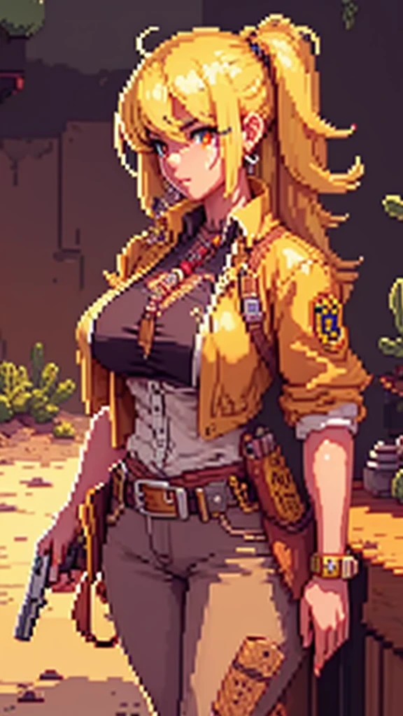 1girl\(cowgirl,cowboy_hat,belt_buckle,blonde hair,hair floating,messy hair,big breast,gun holder,gun,bullet belt,western police badge on breast,shooting shotgun\),background\(outdoor,sunshine,western wilderness,cactus,horse),,quality\(8k,wallpaper of extremely detailed CG unit, ​masterpiece,hight resolution,top-quality,top-quality real texture skin,hyper realisitic,increase the resolution,RAW photos,best qualtiy,highly detailed,the wallpaper,cinematic lighting,ray trace,golden ratio\),dynamic pose,dynamic angle,(((pixel))),(((pixelart)))
