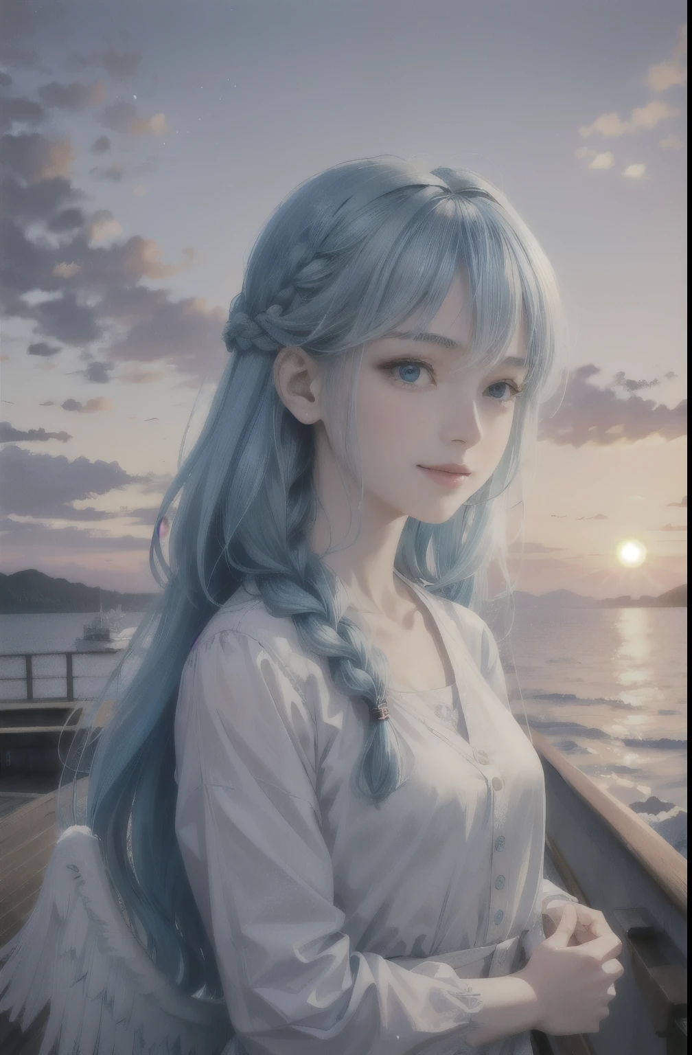 (Face focus), (1 girl, woman, woman, alone, Pale skin, Casual Fashion, cute), (Long Hair, Single braided hair, Light blue hair, cute顔, A light smile), (By boat), milky way, sunset,Fairy,I have wings on my back