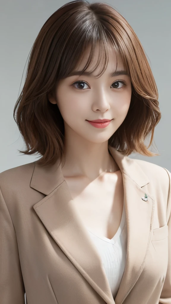 (Very detailed CG Unity 8k wallpaper, highest quality, Very detailed, Looking at the camera:1.2, The light shines on your face:1.5, Gray background, Professional Lighting), Japan female, 26 years old, Upper body composition with brightly lit face. She has an oval face, Soft arched eyebrows, bright expressive eyes,, pronounced nose, And a friendly smile. Her hair is shoulder-length, straight, Dyed a light chestnut color. She is wearing a smart casual blouse, Probably soft colors, Paired with a chic blazer, Embody her lively and sociable personality