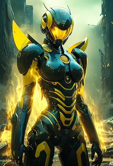(Best Quality, 4K, 8K, High Definition, Masterpiece:1.2), (Ultra Detailed, Realistic, Photorealistic:1.37),A terrifying female combat android combined with a human female and a hornet, featuring yellow and black color scheme, enormous compound eyes, and fu...