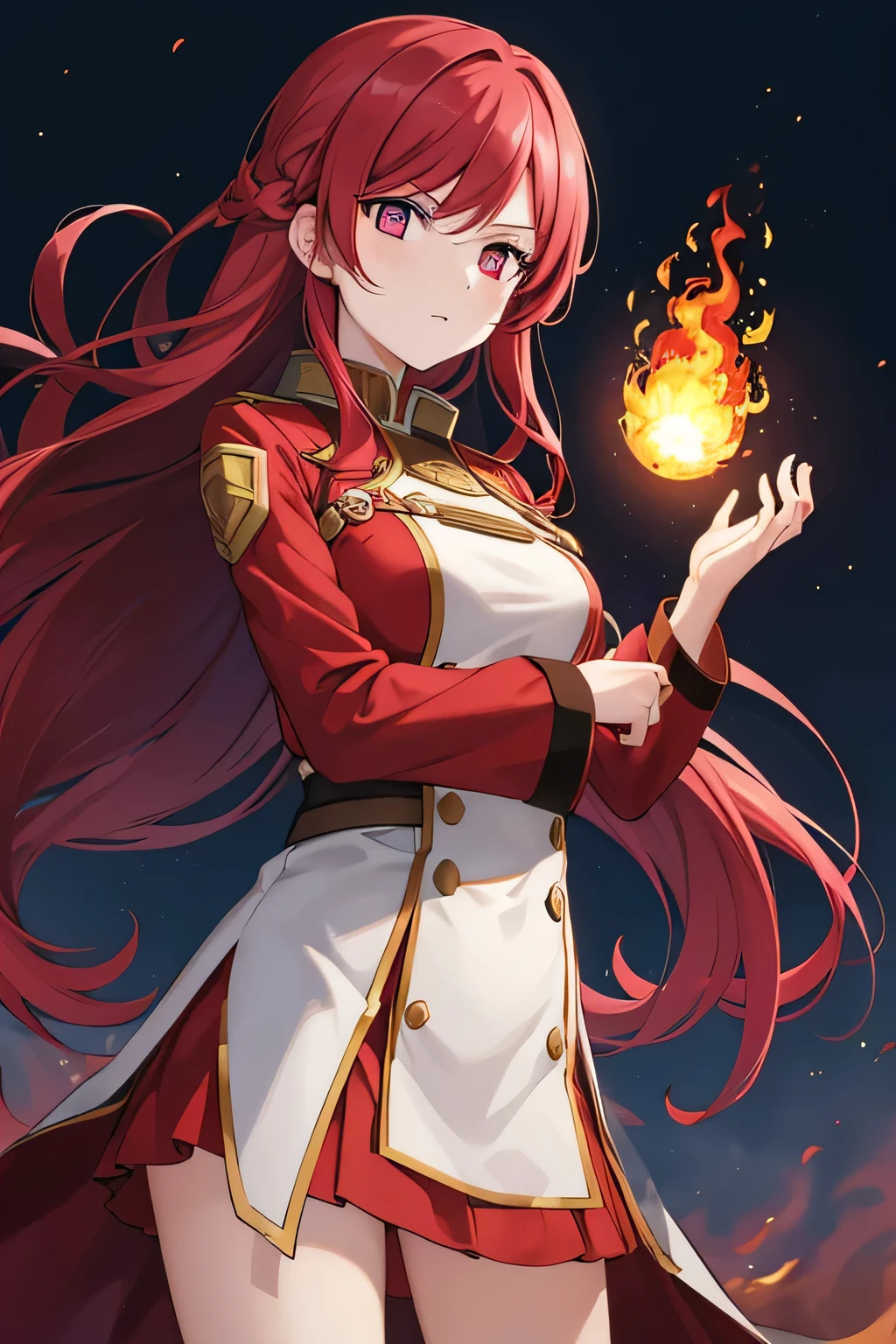 A girl with the ability to use fire with long red hair as a serious expression her lips closed with a serious expression with an open hand and a fire flame and around her fire in the night background