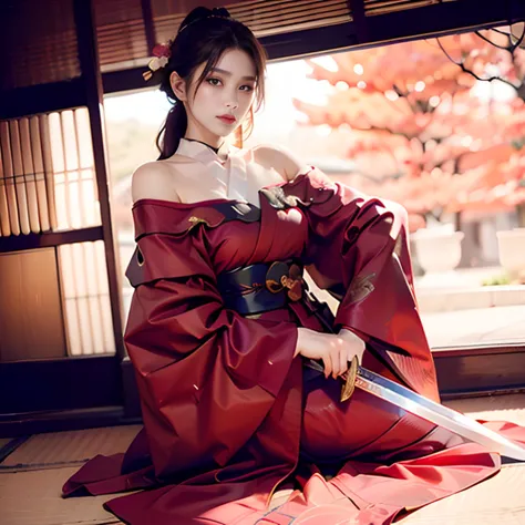 Japanese sword, arms, knife, Sharp, Female Swordsman, High-class kimono, Gorgeous Japanese clothing, Twelve-layered kimono, (Off...