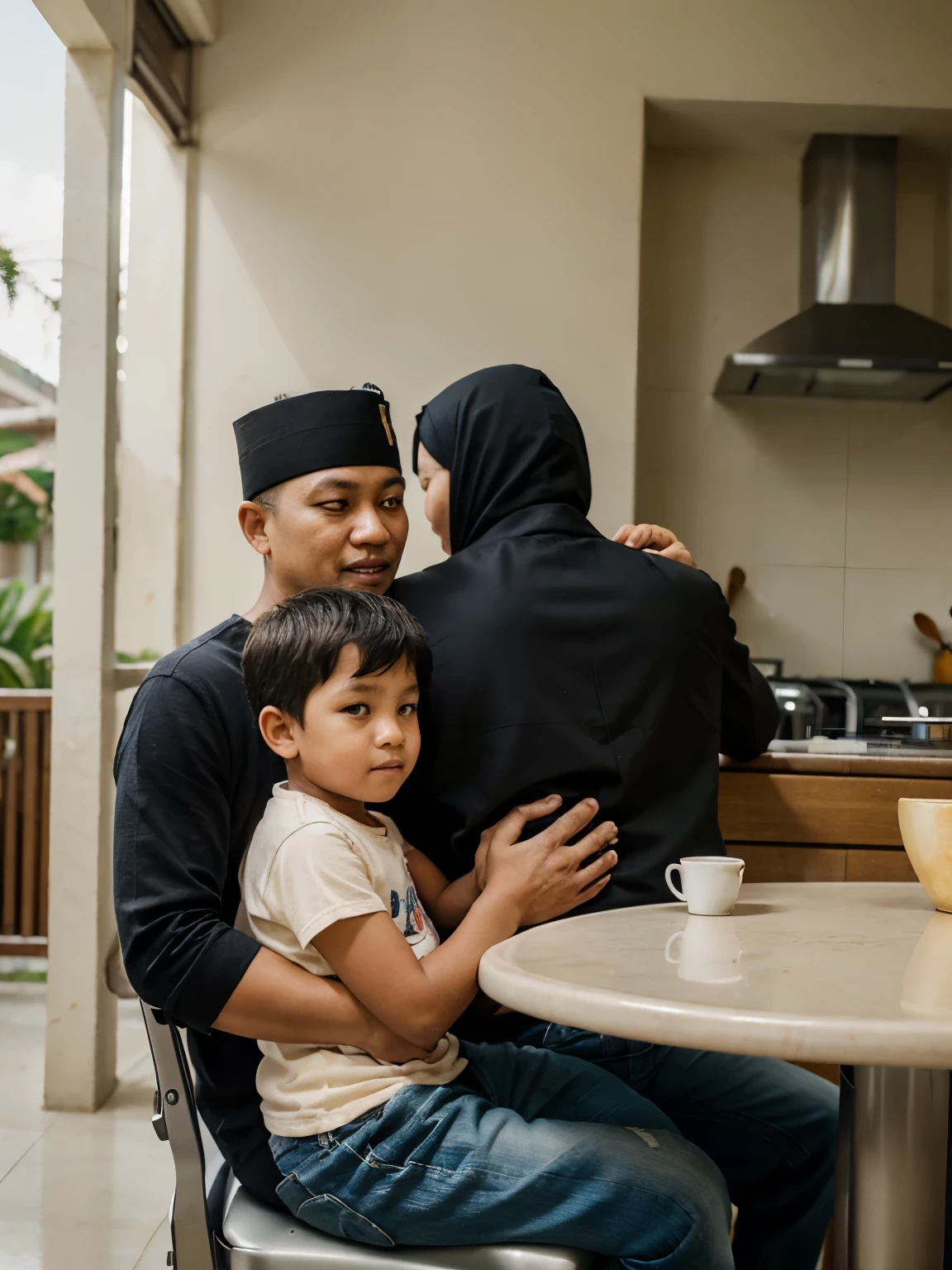 Hyperrealistic professional photograhy, a harmonious 45 year old Indonesian Muslim husband and wife are sitting on a high chair, holding a 4 year old boy on their lap, and behind them a 17 year old teenage boy is embracing them from behind, the atmosphere is harmonious with soft natural bright lighting.