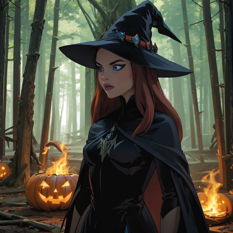 Red with long hair witch , magic crystal blue enchanting eyes , Halloween dark forest, witch forest, dark witch costume, green fire in background, scary high detailed costumes , knight